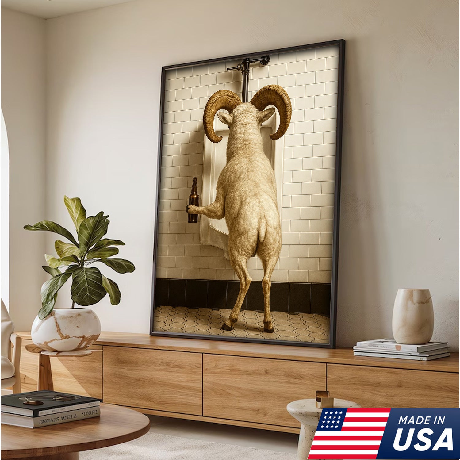 Whimsical Dall Sheep Canvas Wall Art - Funny Rustic Bathroom Decor for Cabin, Farmhouse, and Lodge - Wildlife Humor Print