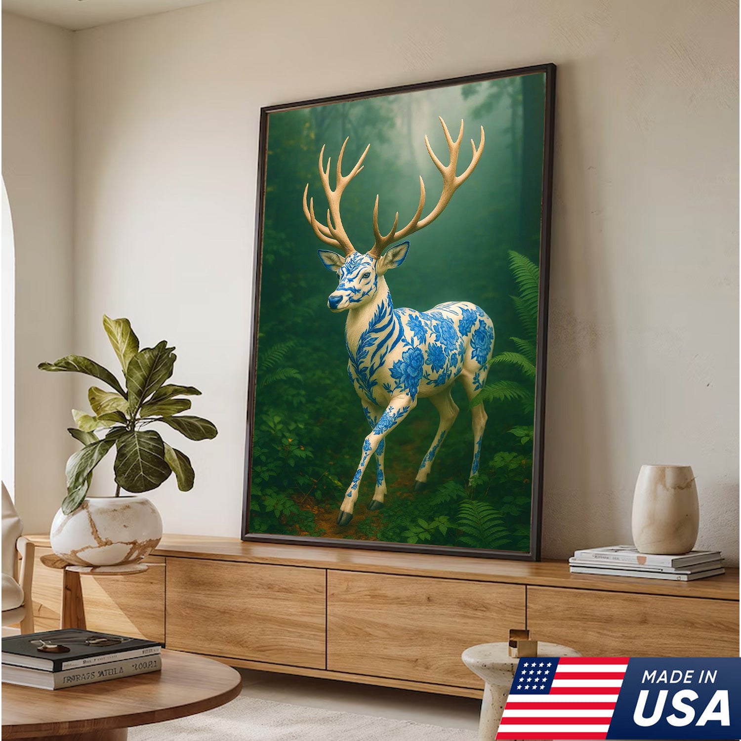 Blue Porcelain Deer Canvas, Elegant Woodland Art Print for Nature Lovers