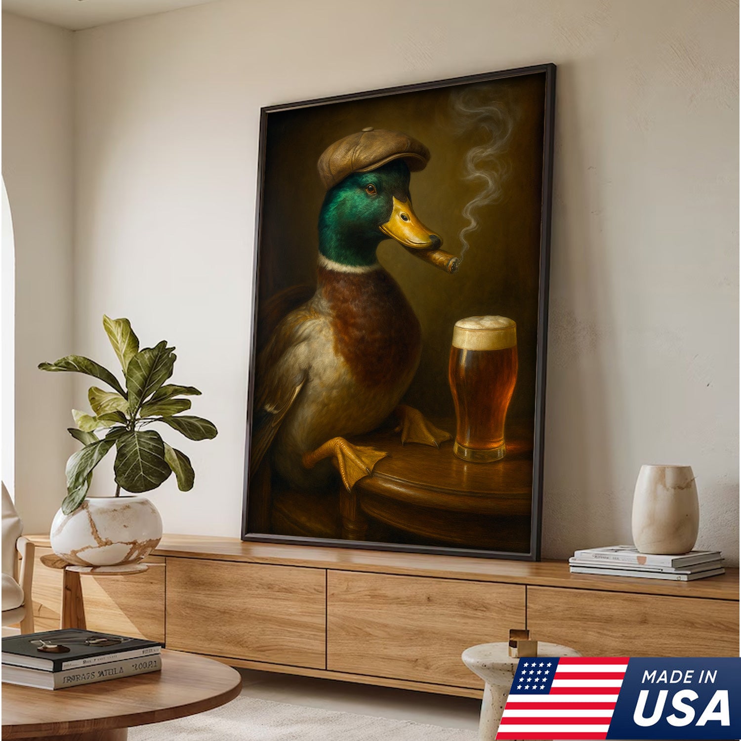 Mallard Duck Gentle Beer Smoking Canvas – Funny Rustic Wall Art for Hunters, Cabin, Bar & Man Cave