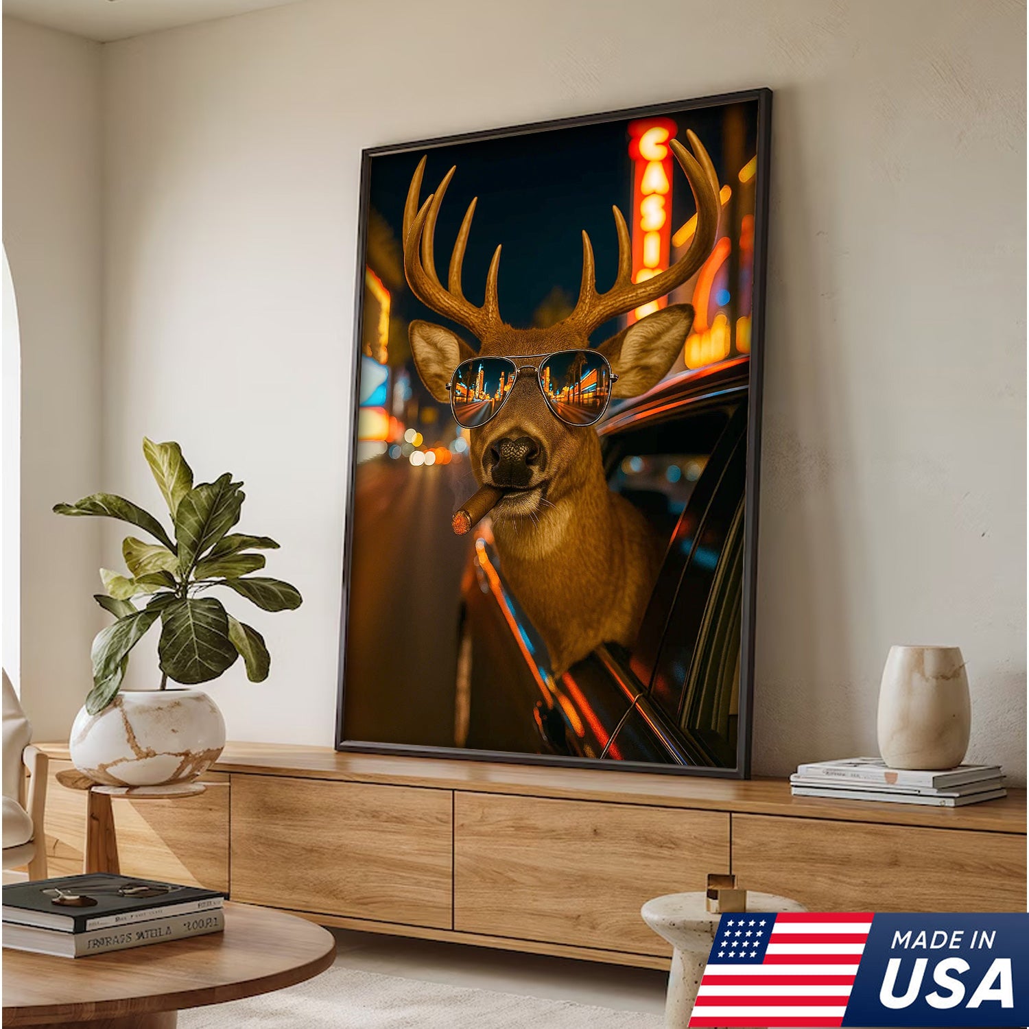 Cool Deer Canvas Wall Art - Funny Rustic Lodge Decor with Sunglasses and Night City Vibes - Unique Wildlife Cabin Print