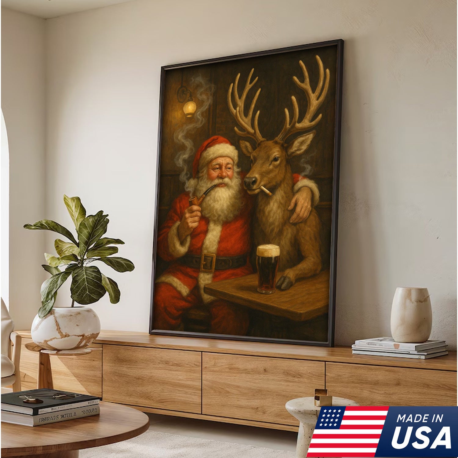 Funny Santa and Reindeer Wall Art Canvas – Rustic Christmas Lodge Decor – Holiday Deer Hunting Theme