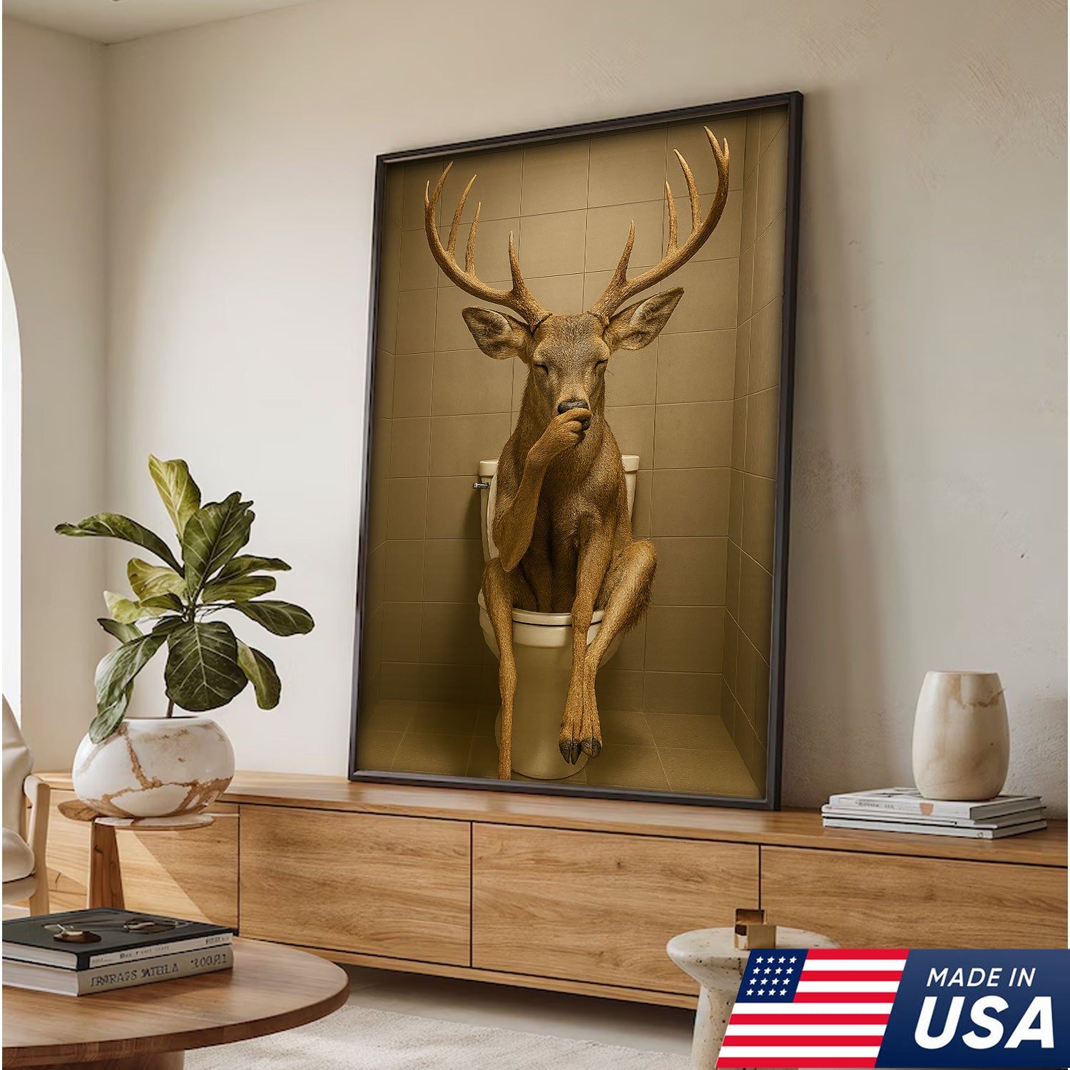 Funny Deer Bathroom Canvas Wall Art – Rustic Toilet Canvas for Cabin, Lodge & Man Cave Decor