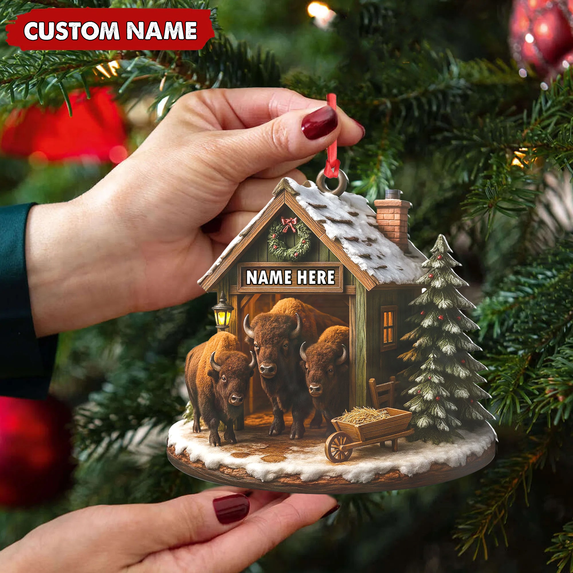 Personalized Acrylic Bison Christmas Ornament – Custom Buffalo Barn Holiday Decor