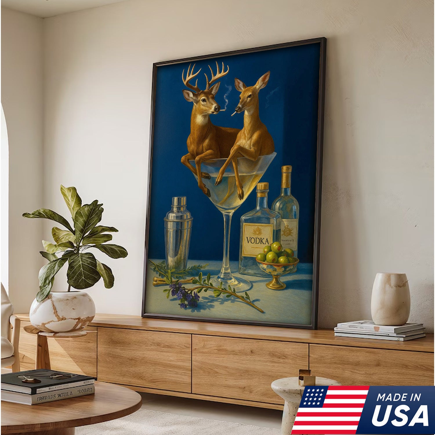 Funny Deer Couple Wall Art Canvas – Whimsical Buck and Doe in Martini Glass – Rustic Lodge Hunting Decor for Home Bar