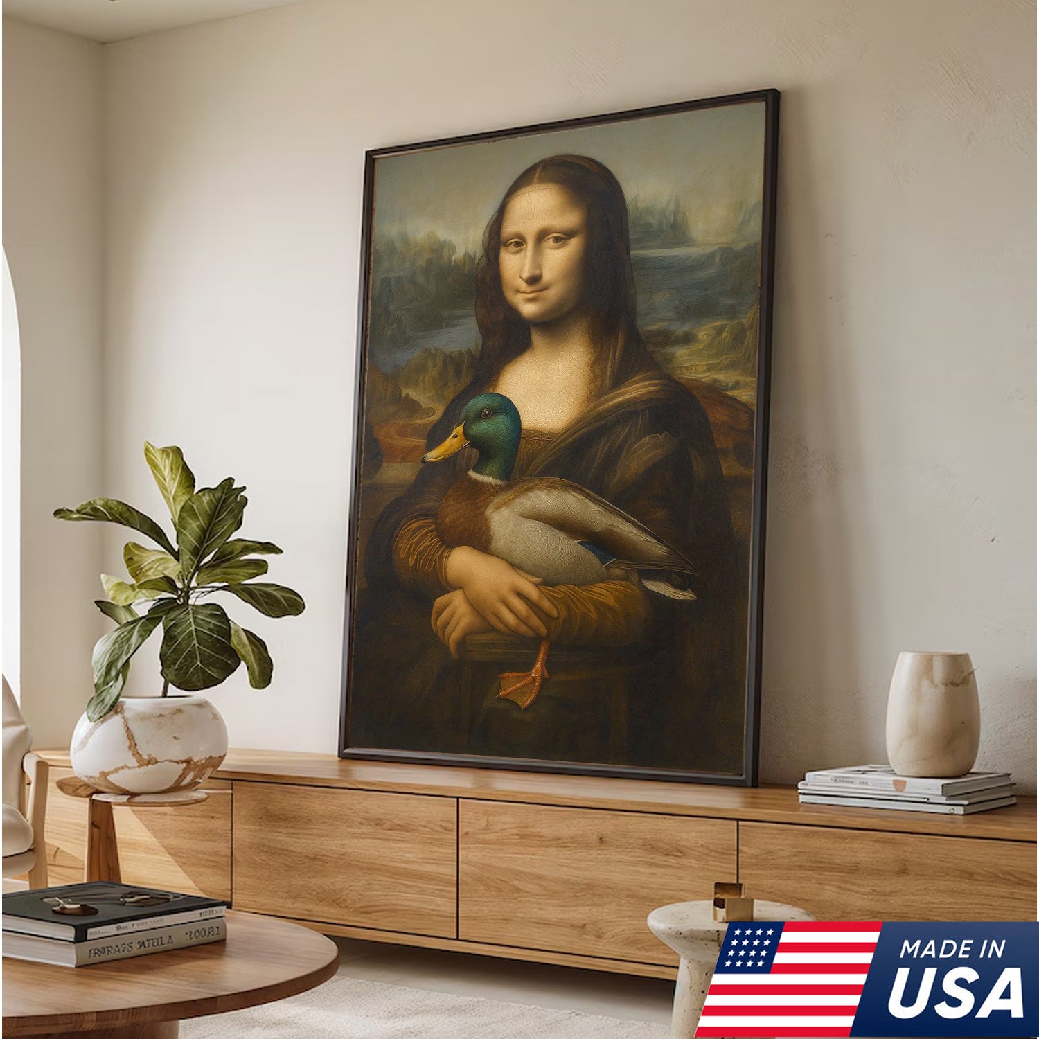 Funny Mona Lisa Duck Canvas Wall Art, Quirky Parody Painting Print for Bathroom or Office