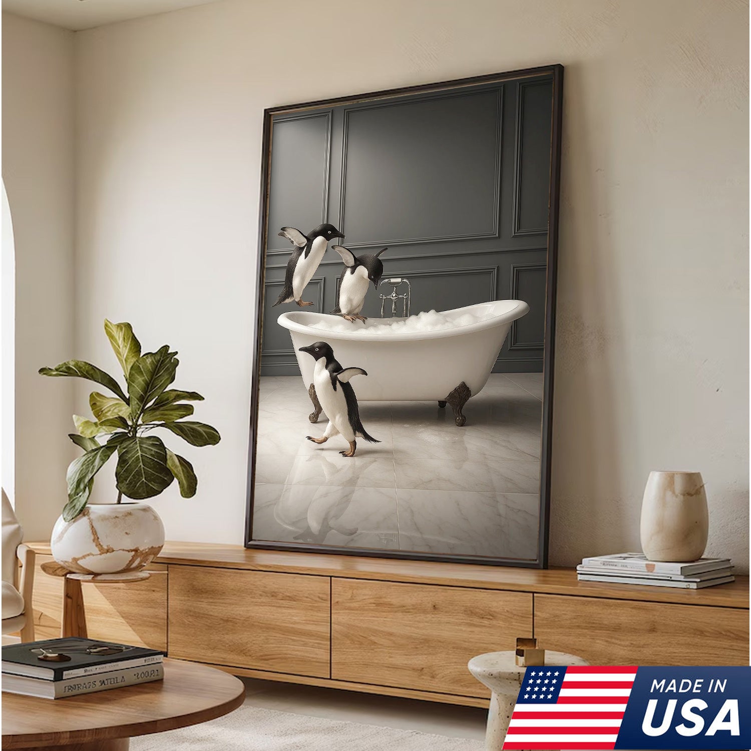 Penguin Bathroom Wall Art Canvas, Cute Penguins Bubble Bath Kids Bathroom Decor