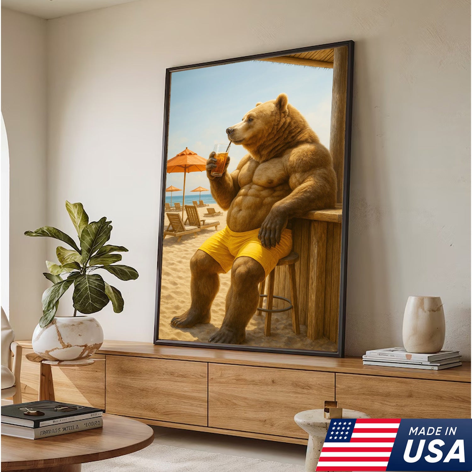 Funny Beach Bear Canvas Wall Art, Summer Vacation Animal Artwork, Humorous Muscle Bear Decor, Tropical Coastal Cabin Painting