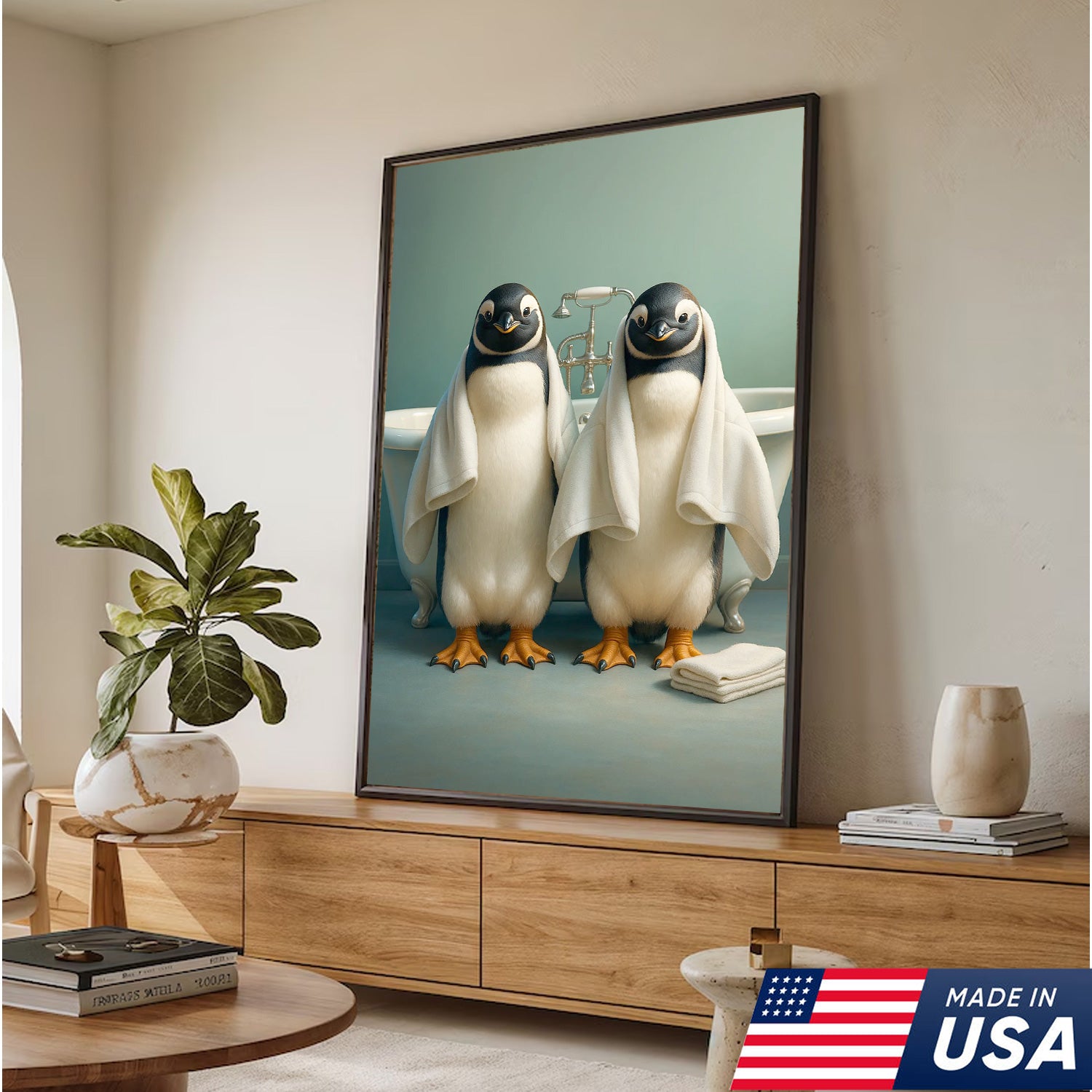 Cute Penguin Twins Bathroom Wall Art Canvas, Adorable Towel Penguins Kids Bath Decor