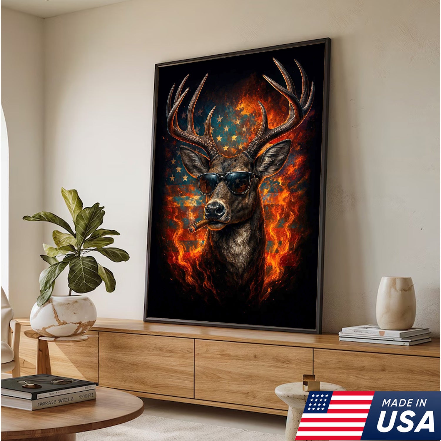Patriotic Deer Wall Art Canvas – Cool Buck with Sunglasses and American Flag – Rustic Hunting Lodge Decor USA