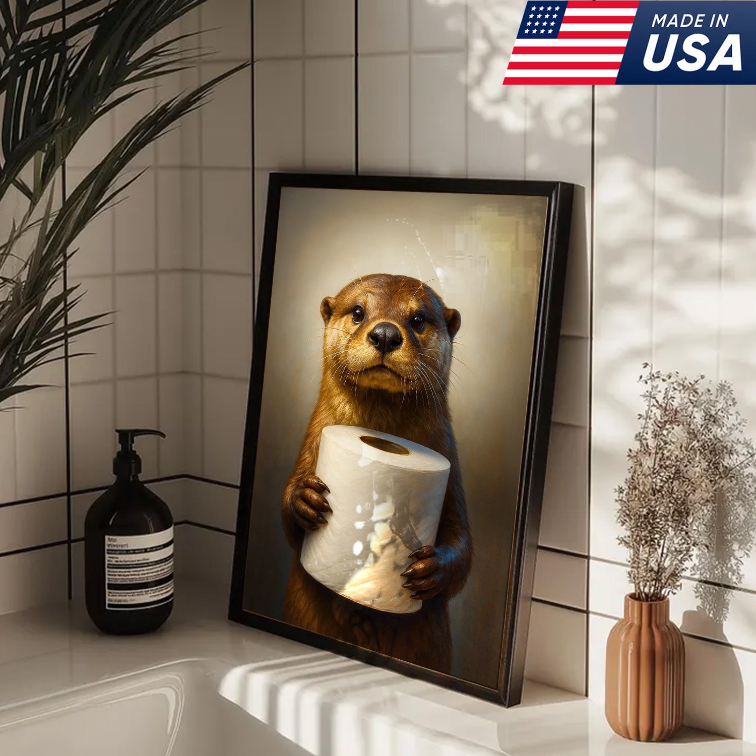 Funny Otter Canvas Wall Art - Cute Bathroom Decor with Toilet Paper - Rustic Wildlife Print