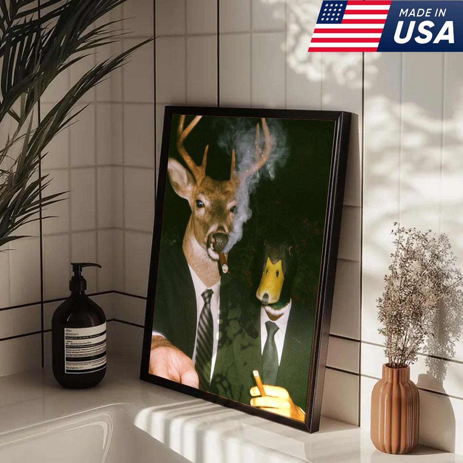 Funny Deer and Duck Canvas Wall Art - Hilarious Animal Duo in Suits - Unique Wildlife Artwork for Home Decor