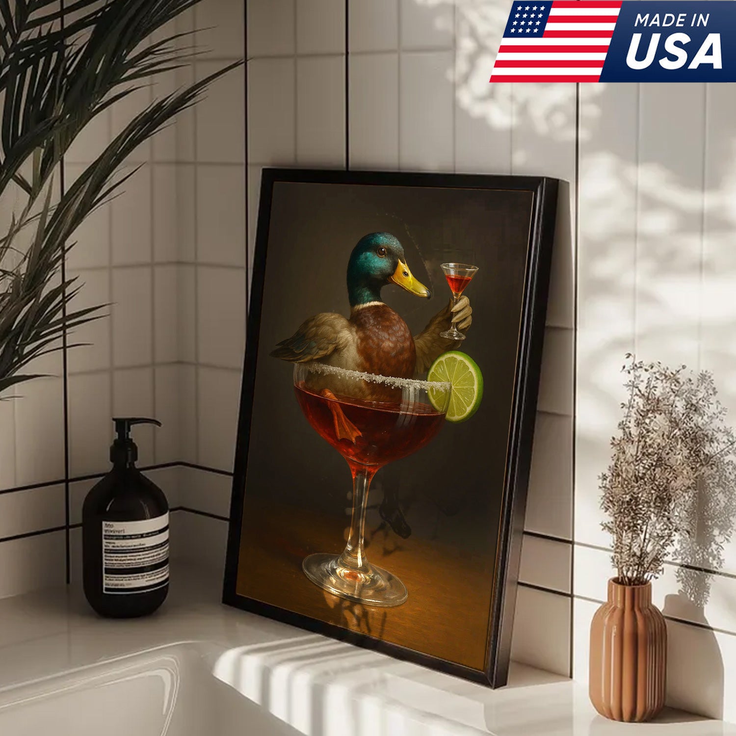 Funny Mallard Duck Canvas Wall Art - Quirky Animal in Cocktail Glass Design - Unique Wildlife Artwork for Home Decor