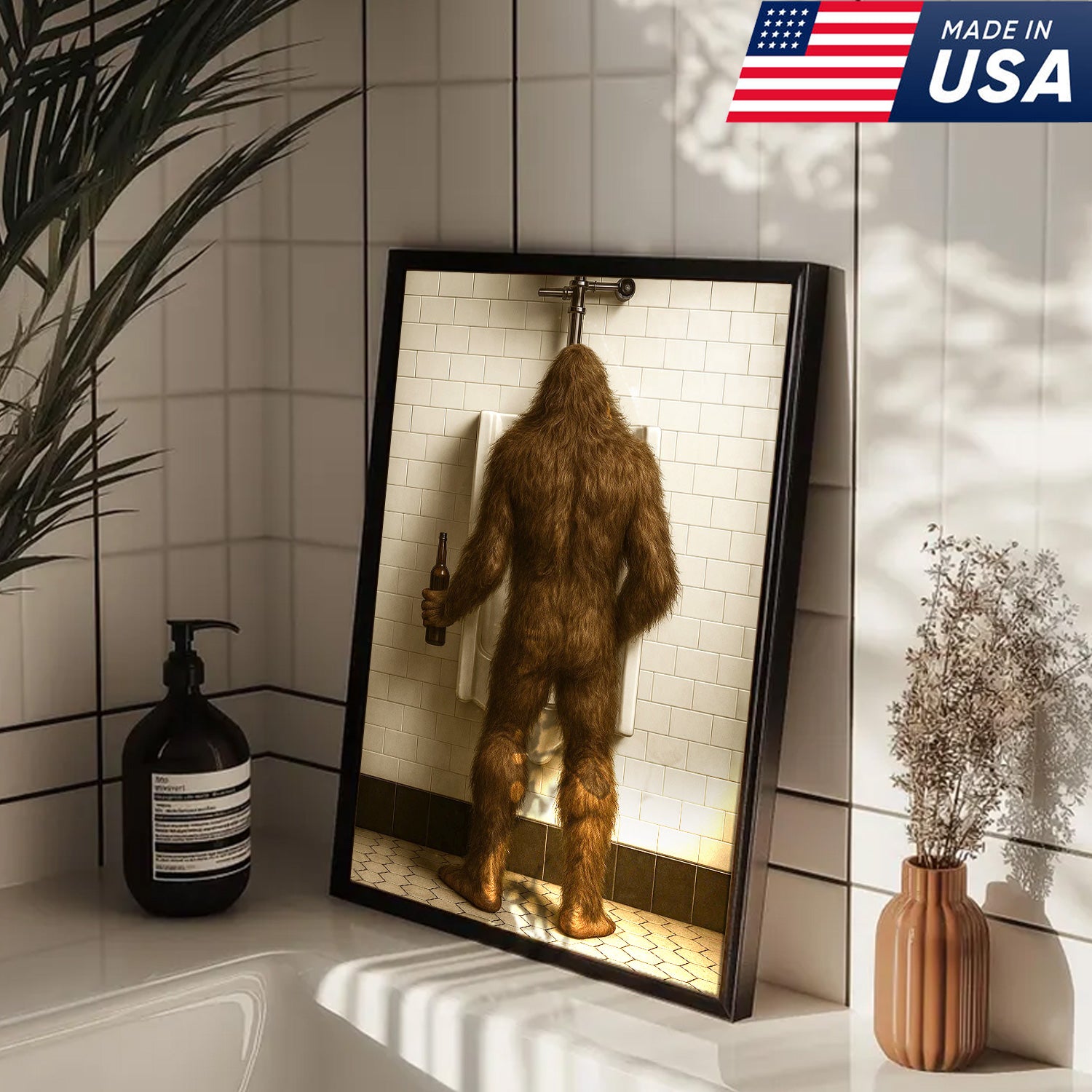Bigfoot Funny Canvas Wall Art – Hilarious Bathroom Humor Decor – Rustic Cabin Gag Gift – Quirky Lodge and Hunting Camp Artwork