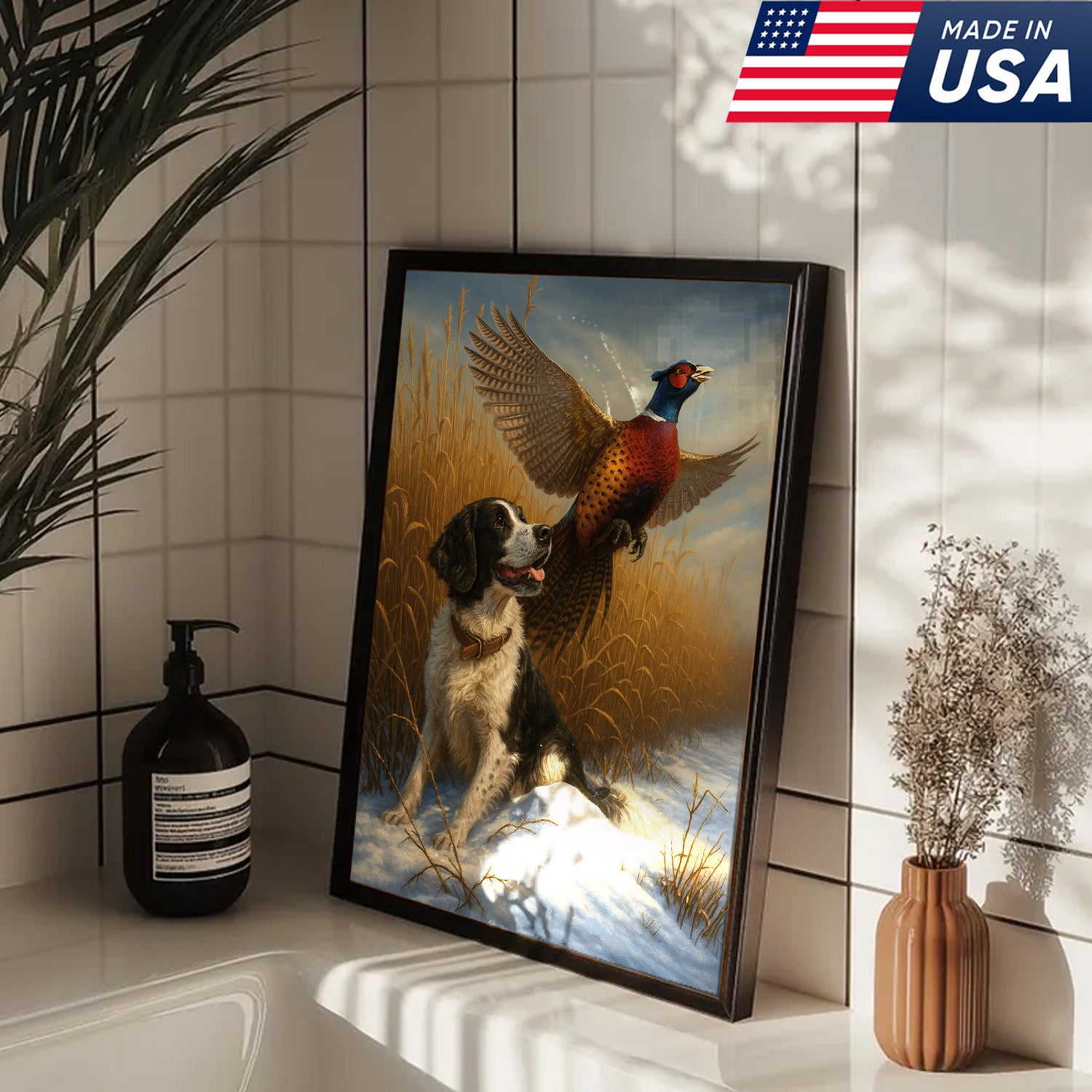 Hunting Dog & Pheasant in Winter Field Canvas – Classic Wildlife Wall Art for Lodge & Nature Decor