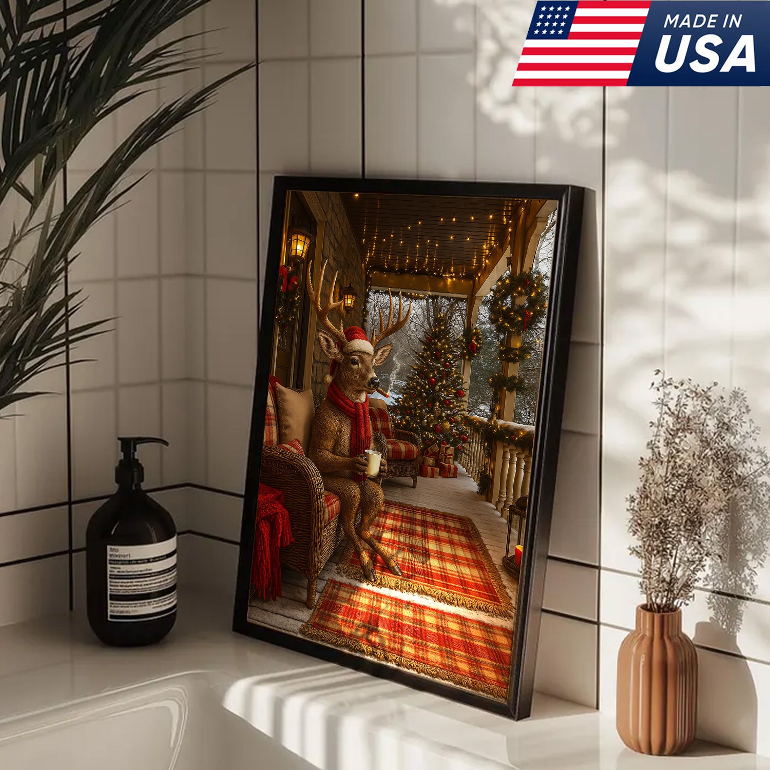 Christmas Deer Porch Canvas Wall Art, Cozy Cabin Reindeer With Scarf Holiday Print, Rustic Plaid Farmhouse Christmas Decor