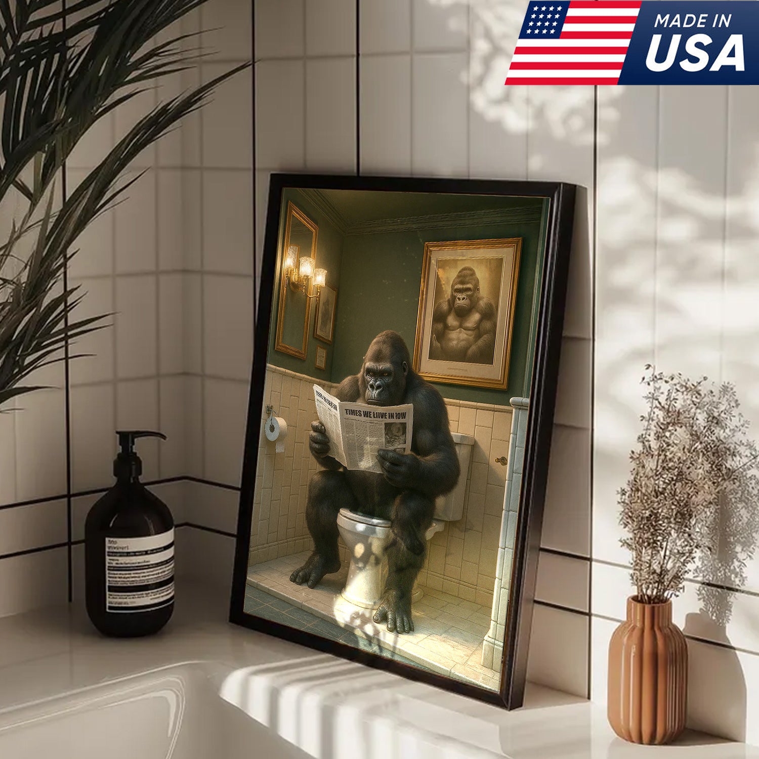 Funny Gorilla Bathroom Wall Art Canvas, Toilet Humor Decor for Men’s Restroom
