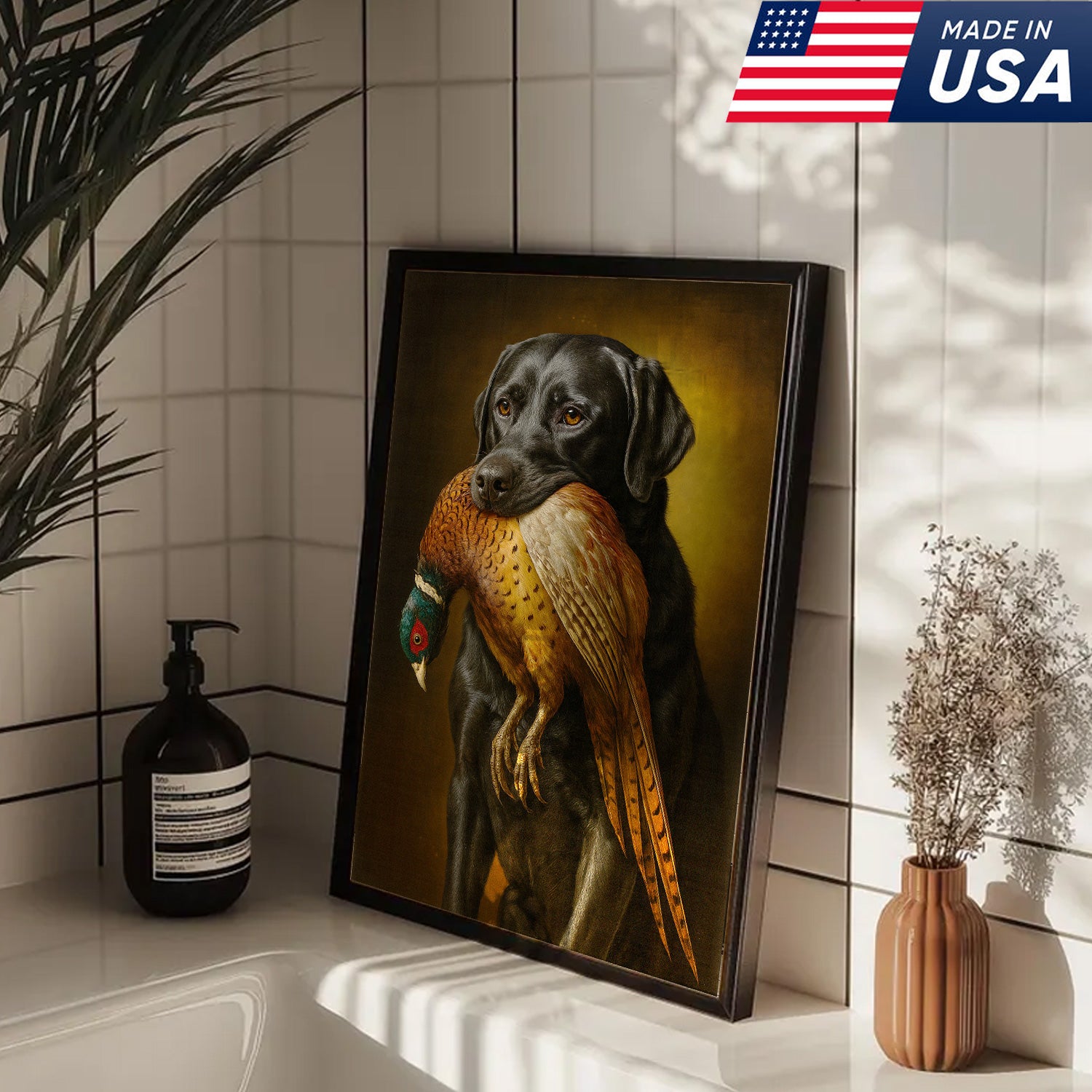 Hunting Dog Wall Art Canvas – Retriever & Pheasant Canvas Print for Hunters, Rustic Cabin Decor
