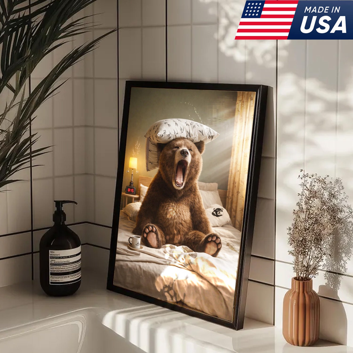 Funny Sleepy Bear Canvas Wall Art, Yawning Bear in Bed with Pillow, Cozy Bedroom Animal Art