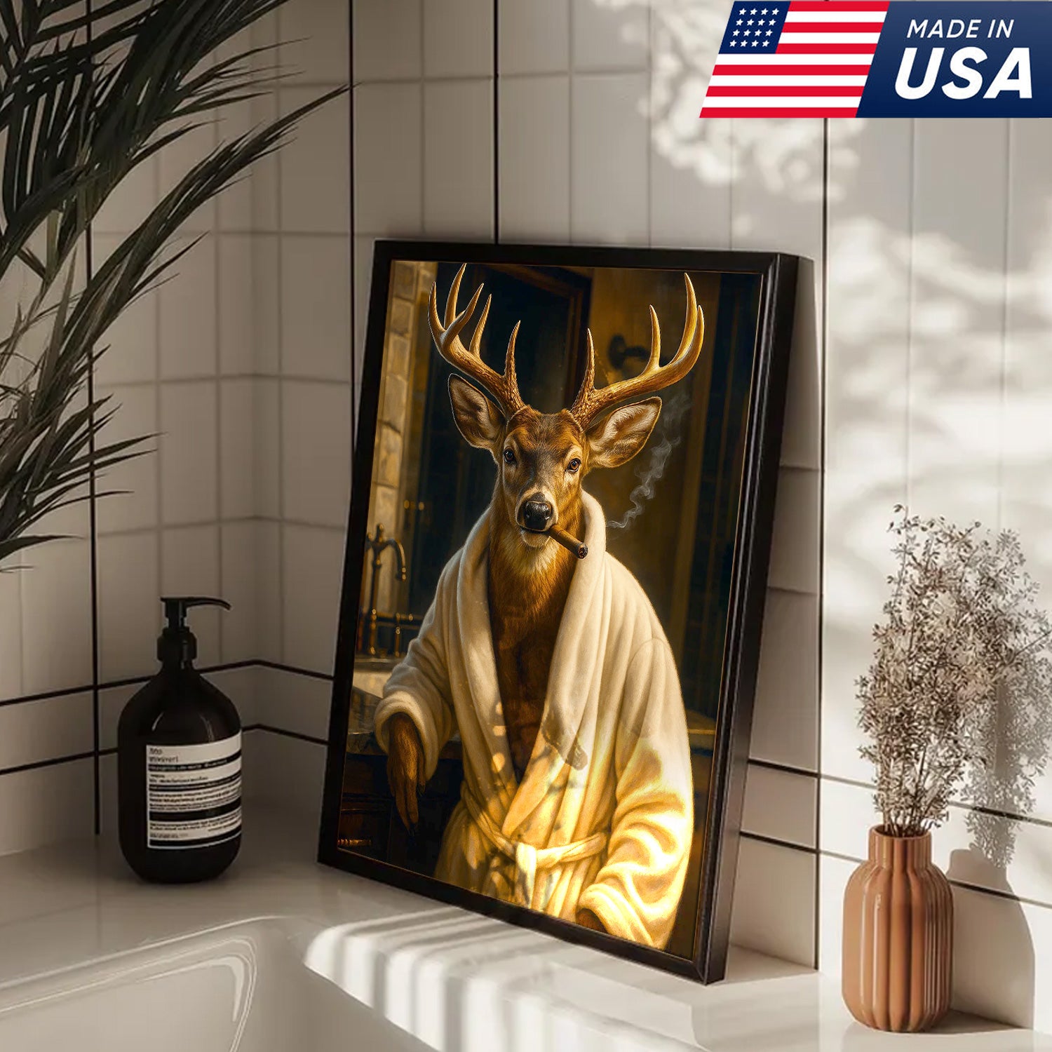 Deer Canvas Wall Art – Stylish Buck in Bathrobe Smoking Cigar Rustic Bathroom Decor for Hunters