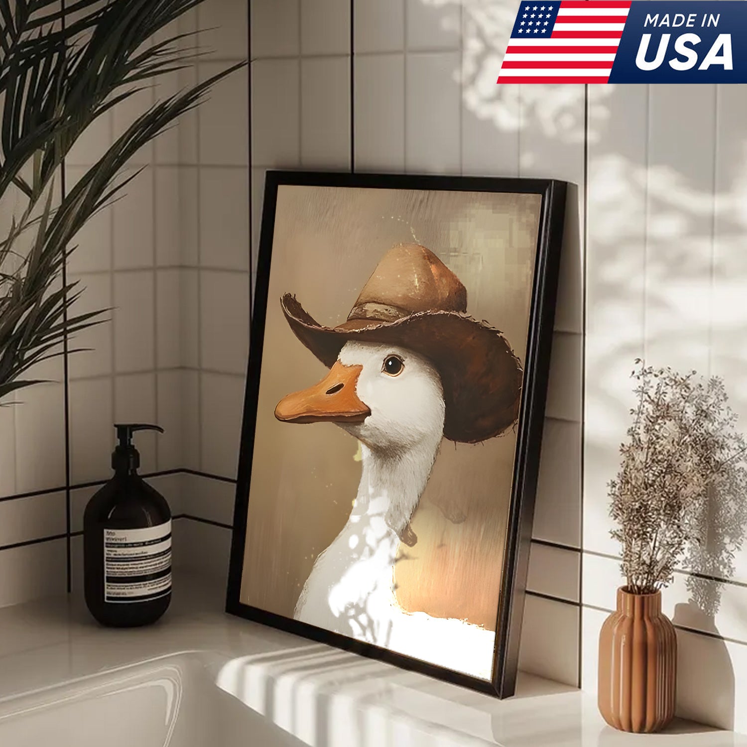 Western Farm Animal Trio Canvas Wall Art Set, Cowboy Duck Raccoon Highland Cow Portraits