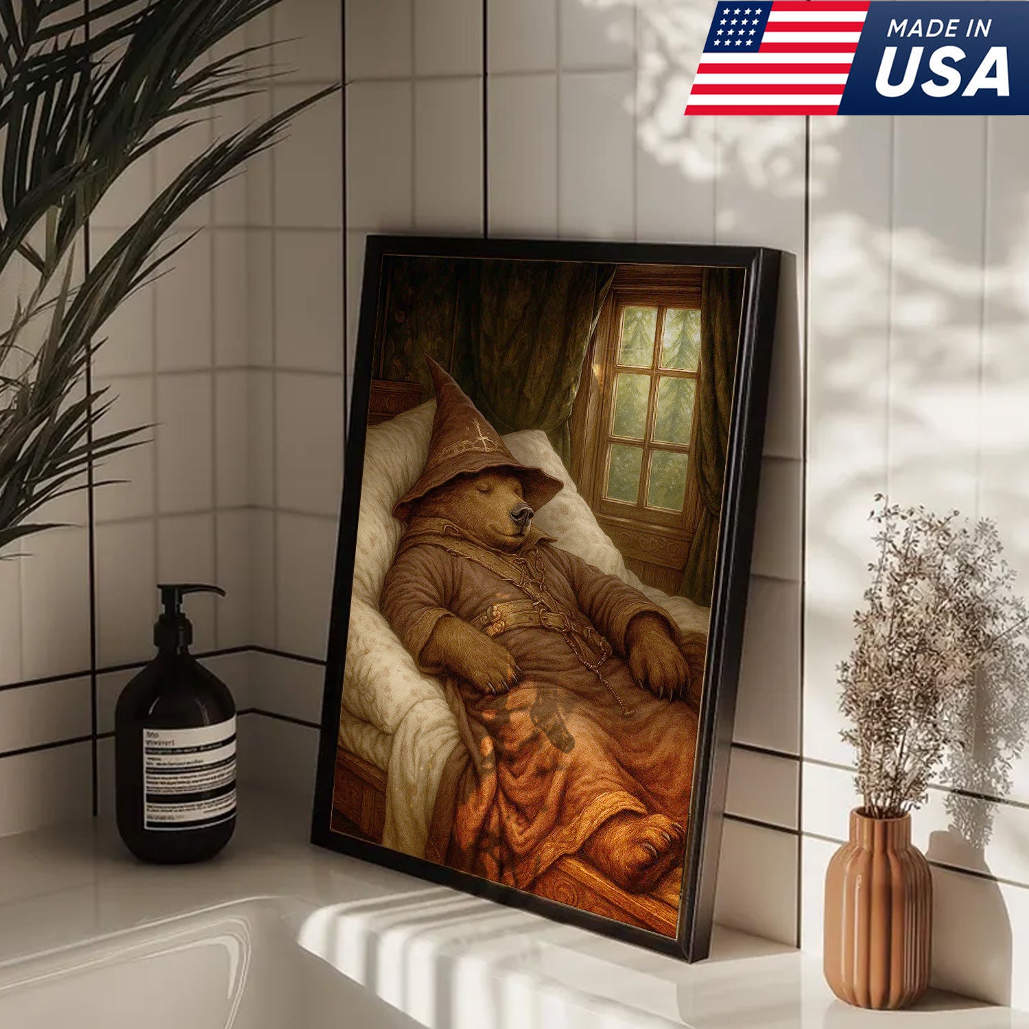 Sleeping Wizard Bear Canvas Wall Art, Cozy Fantasy Animal Poster