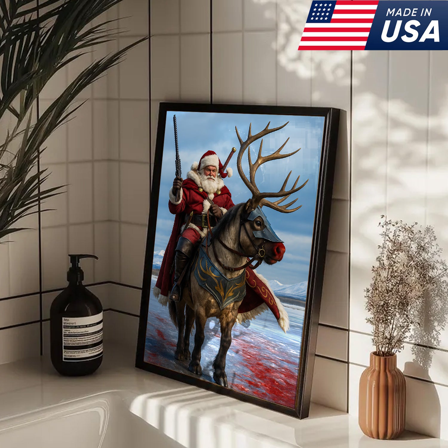 Epic Santa Riding Reindeer Canvas Wall Art, Fantasy Warrior Santa on Armored Reindeer Poster, Winter Christmas Wall Decor Print