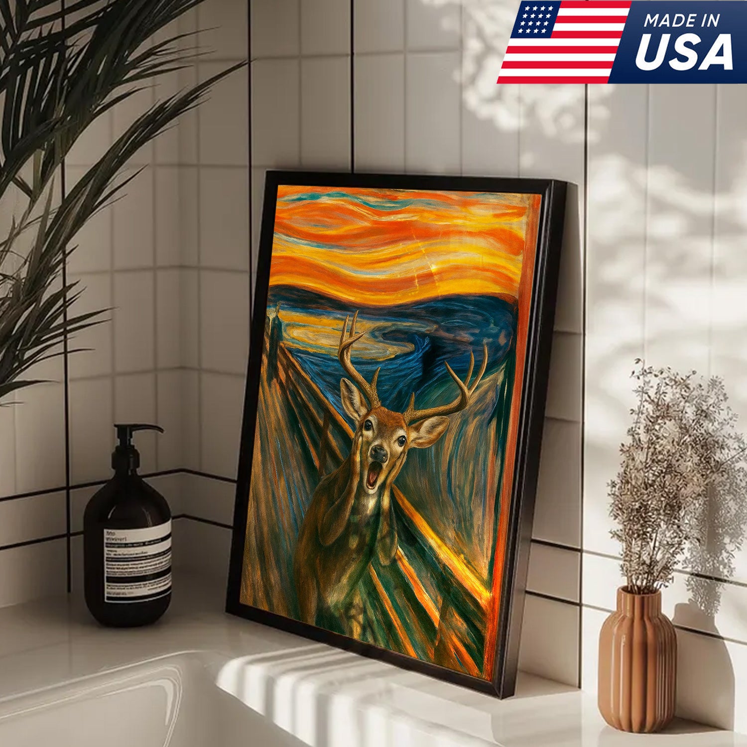 Funny Deer Wall Art Canvas – The Scream Parody Hunting Decor – Rustic Wildlife Home Decoration