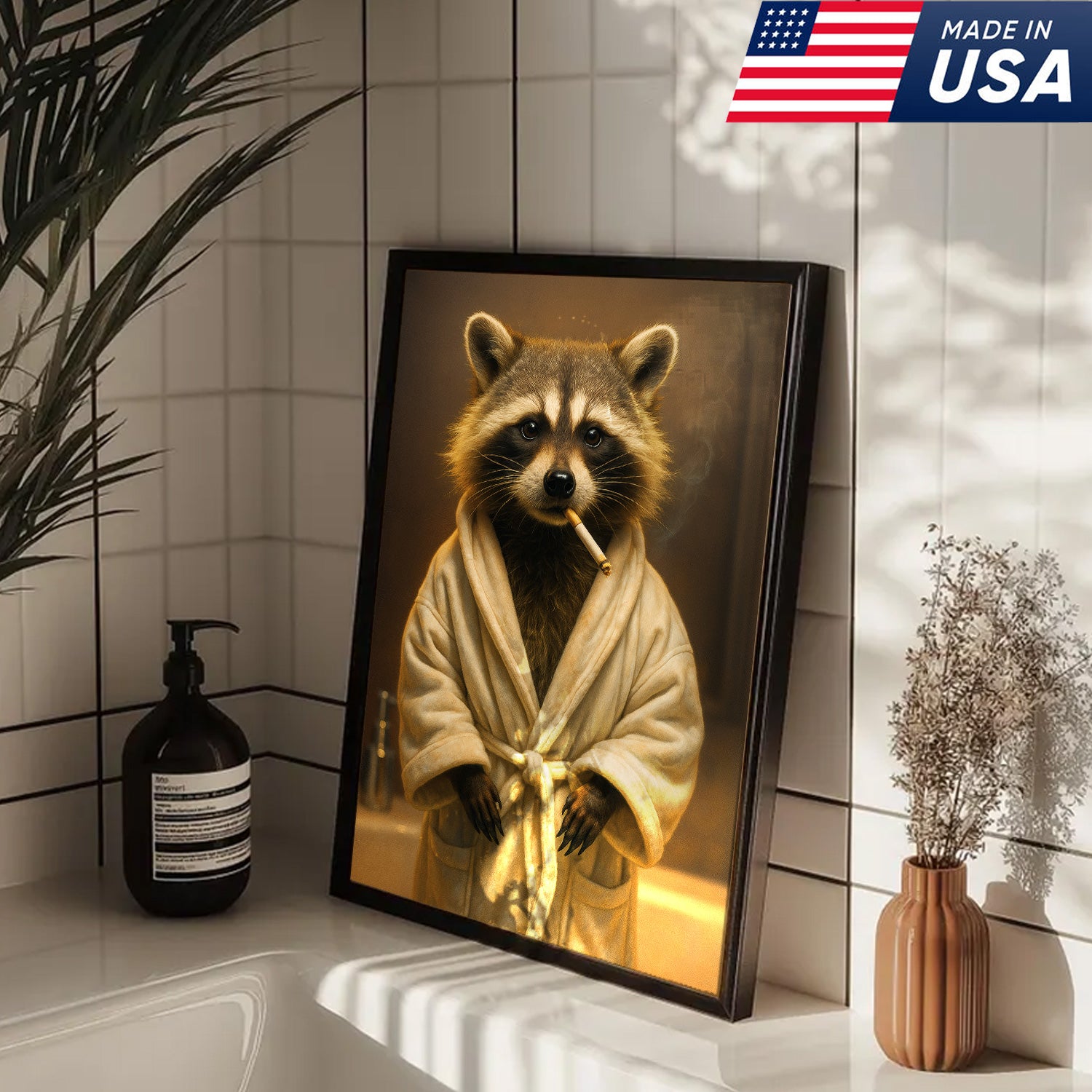 Hilarious Raccoon Bathrobe Canvas – Cozy Bathroom Humor Wall Art, Man Cave Decor
