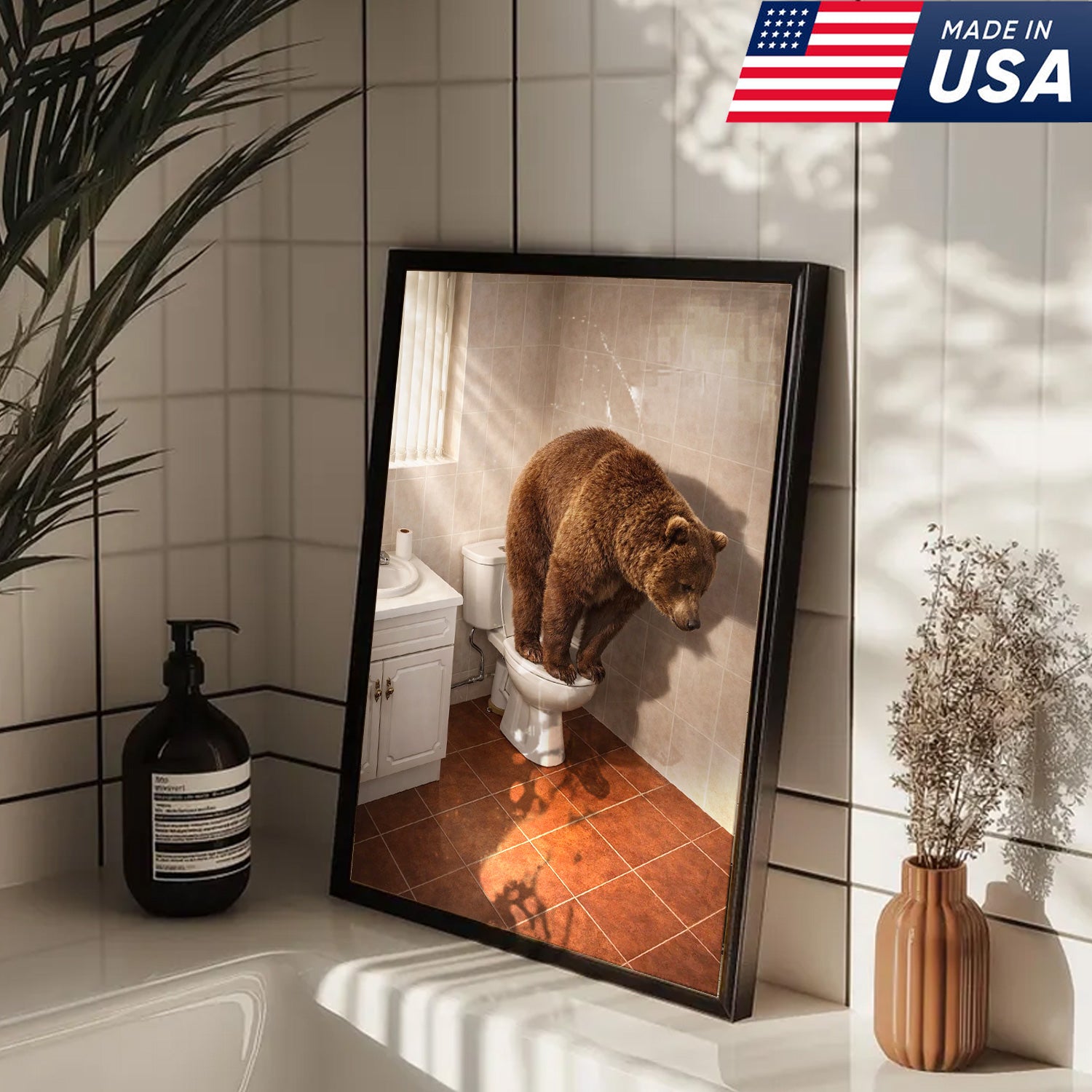 Funny Bear Toilet Canvas, Bathroom Humor Wall Art, Animal Decor