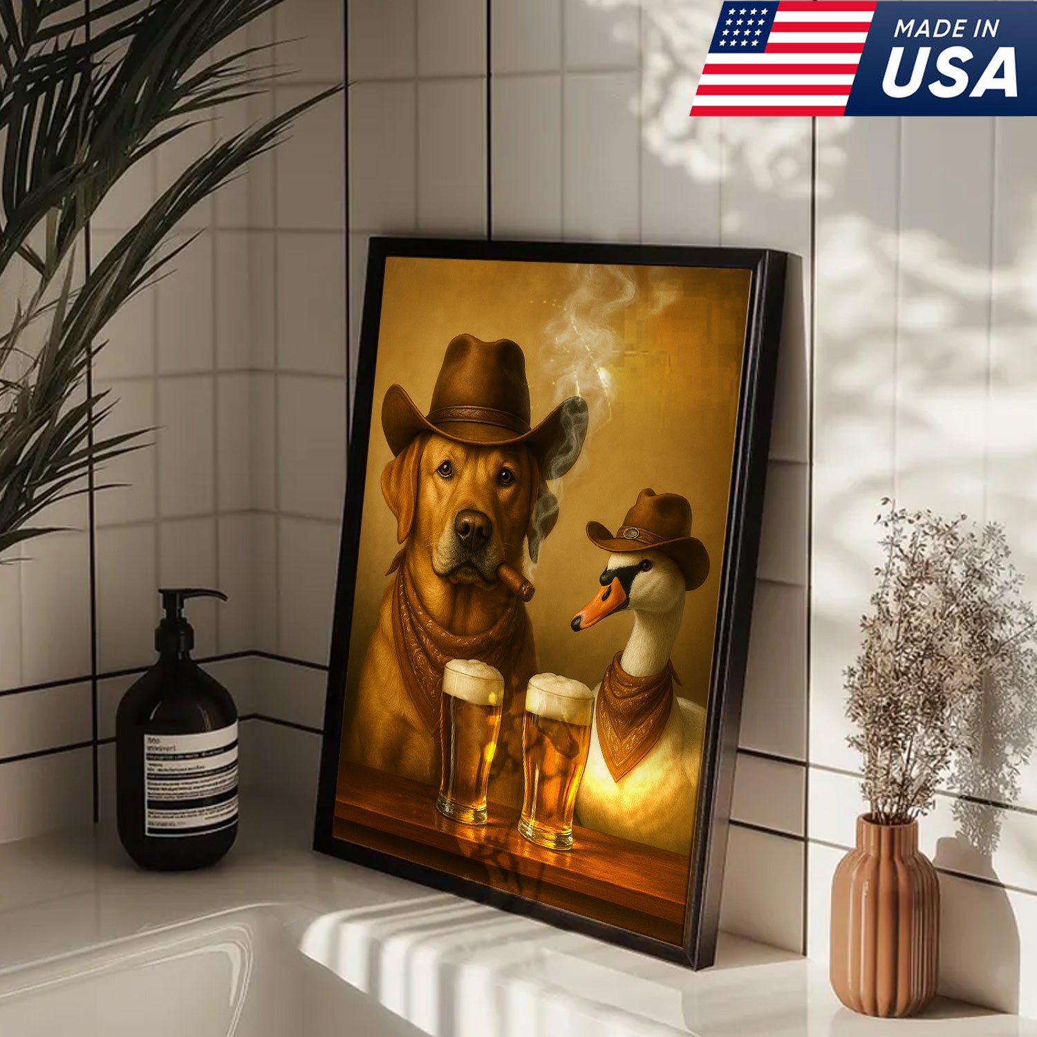 Funny Cowboy Dog & Geese Wall Art Canvas – Funny Beer & Smoking Canvas for Hunters, Cabin, Bar & Man Cave Decor