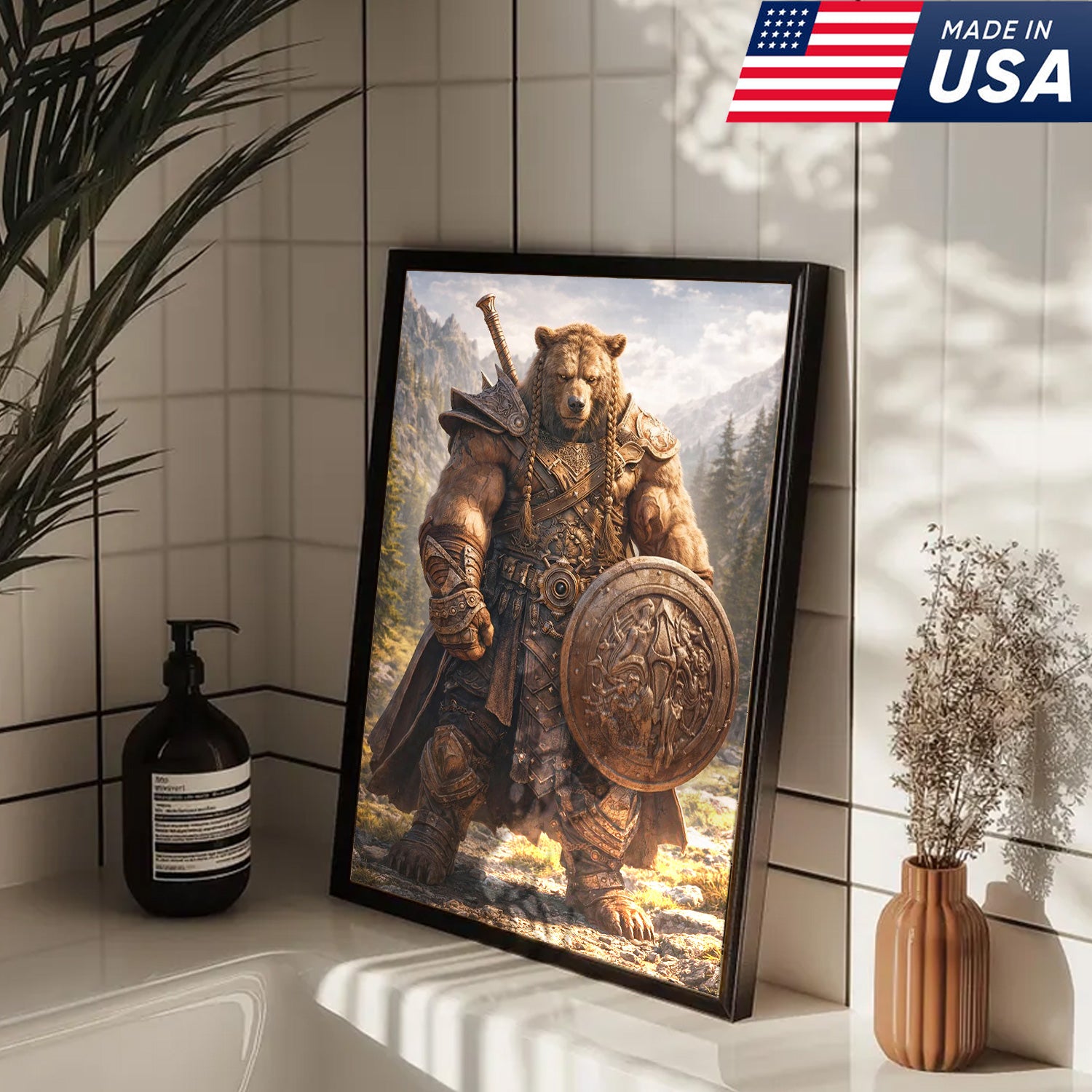Viking Bear Warrior Canvas Wall Art – Epic Fantasy Animal Print with Sword & Shield