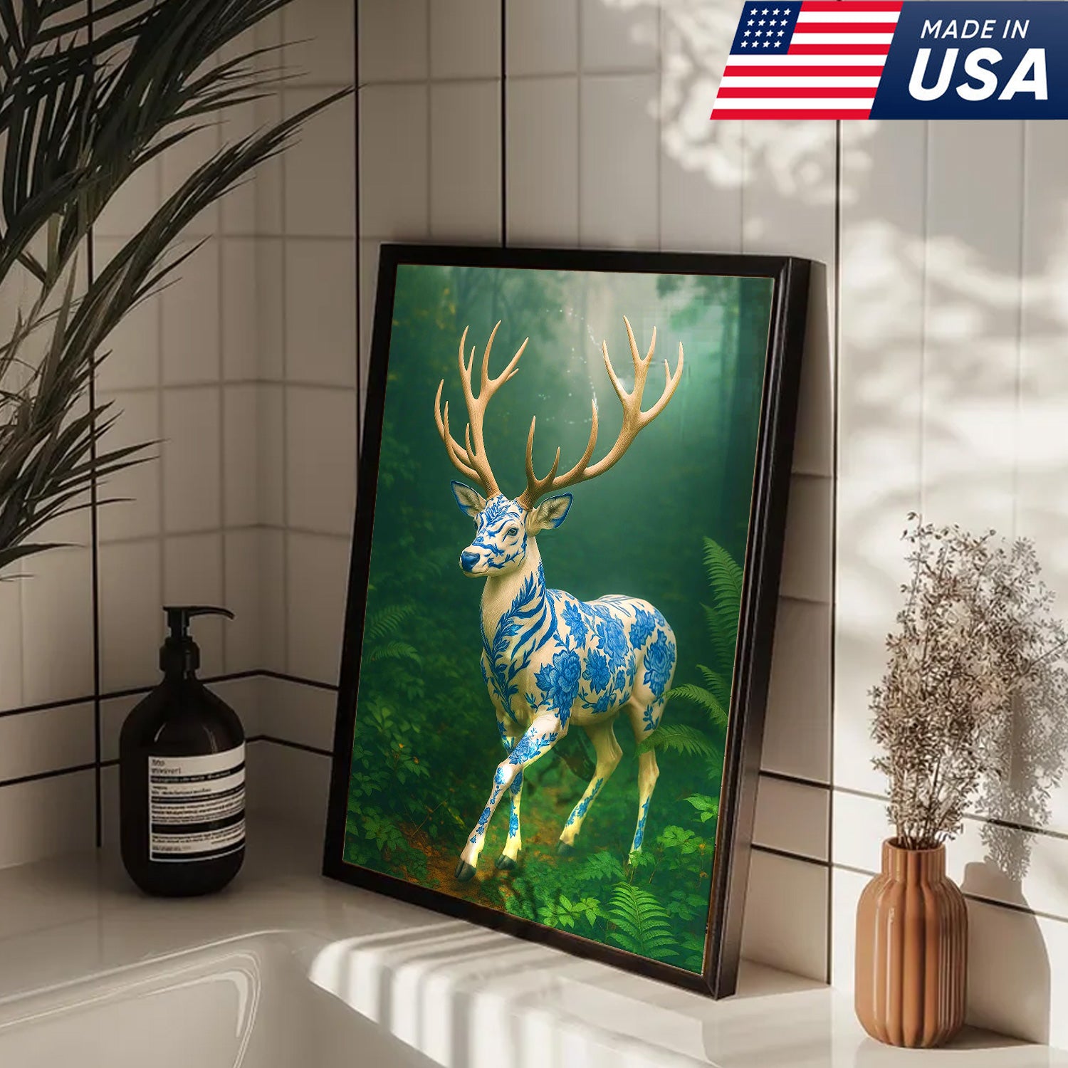 Blue Porcelain Deer Canvas, Elegant Woodland Art Print for Nature Lovers