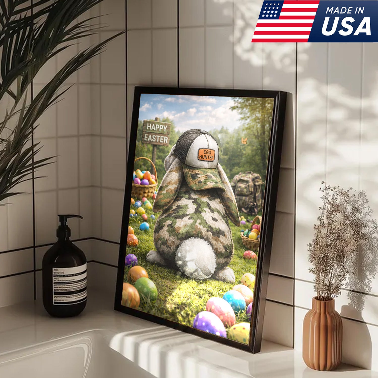 Funny Easter Bunny Hunter Canvas Wall Art, Camo Rabbit with Egg Hunter Hat