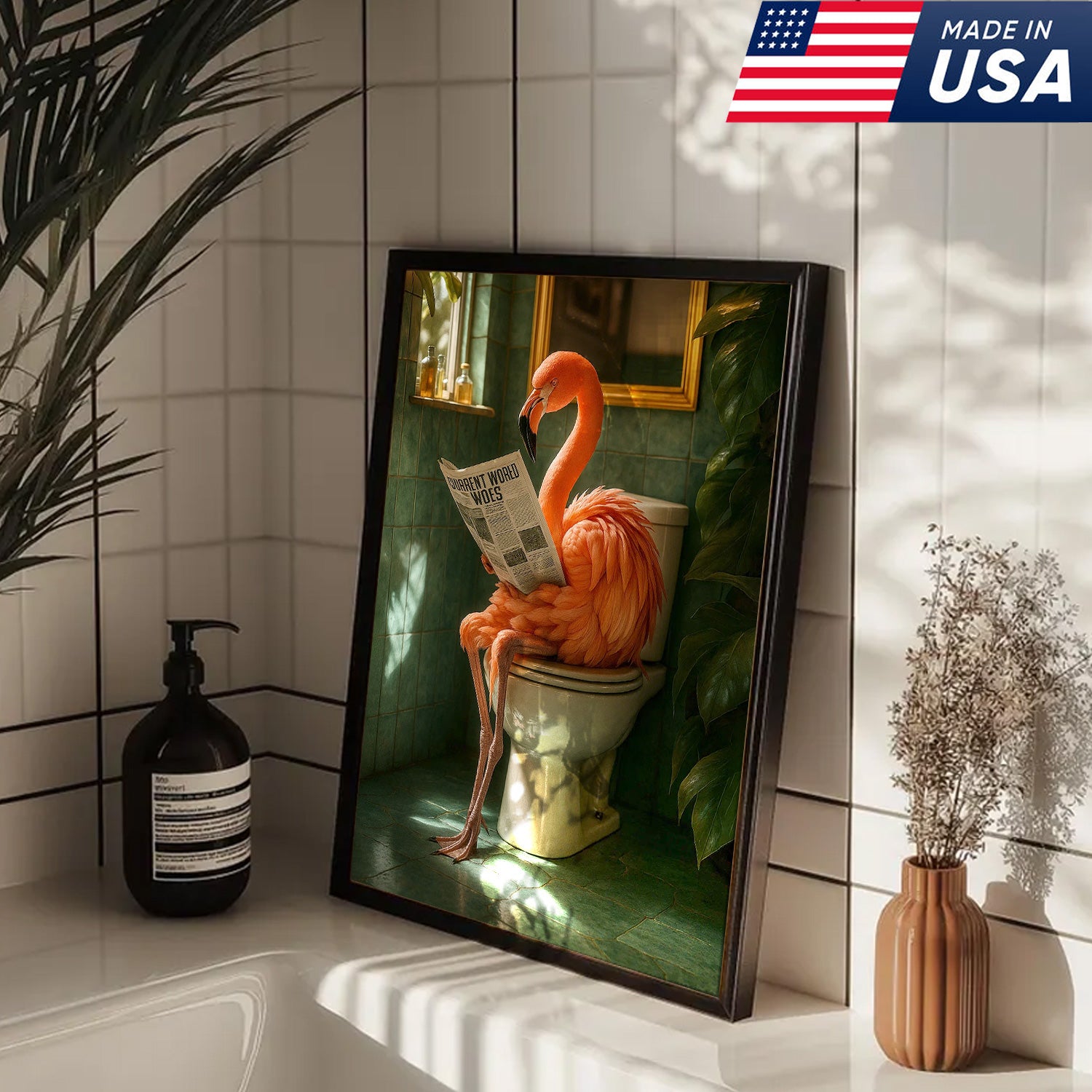 Funny Flamingo Bathroom Canvas Wall Art – Quirky Bird Reading Newspaper Print – Humorous Home Decor
