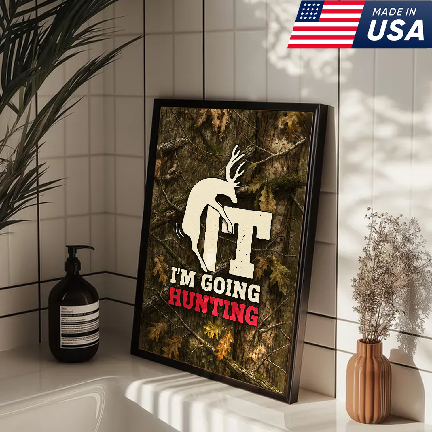 Funny Deer Hunting Canvas Wall Art - Rustic Camo Design for Hunters - Man Cave and Cabin Decor