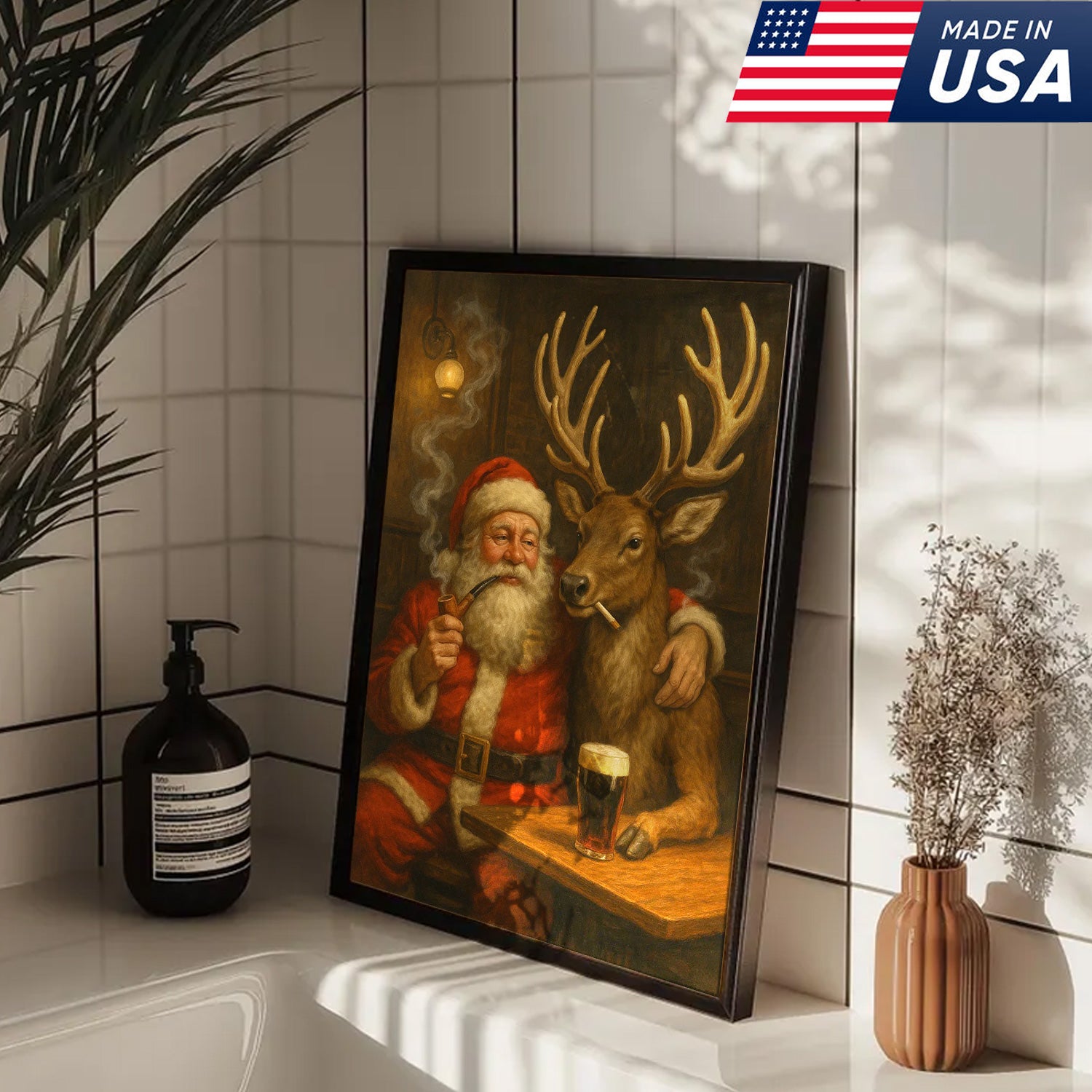 Funny Santa and Reindeer Wall Art Canvas – Rustic Christmas Lodge Decor – Holiday Deer Hunting Theme