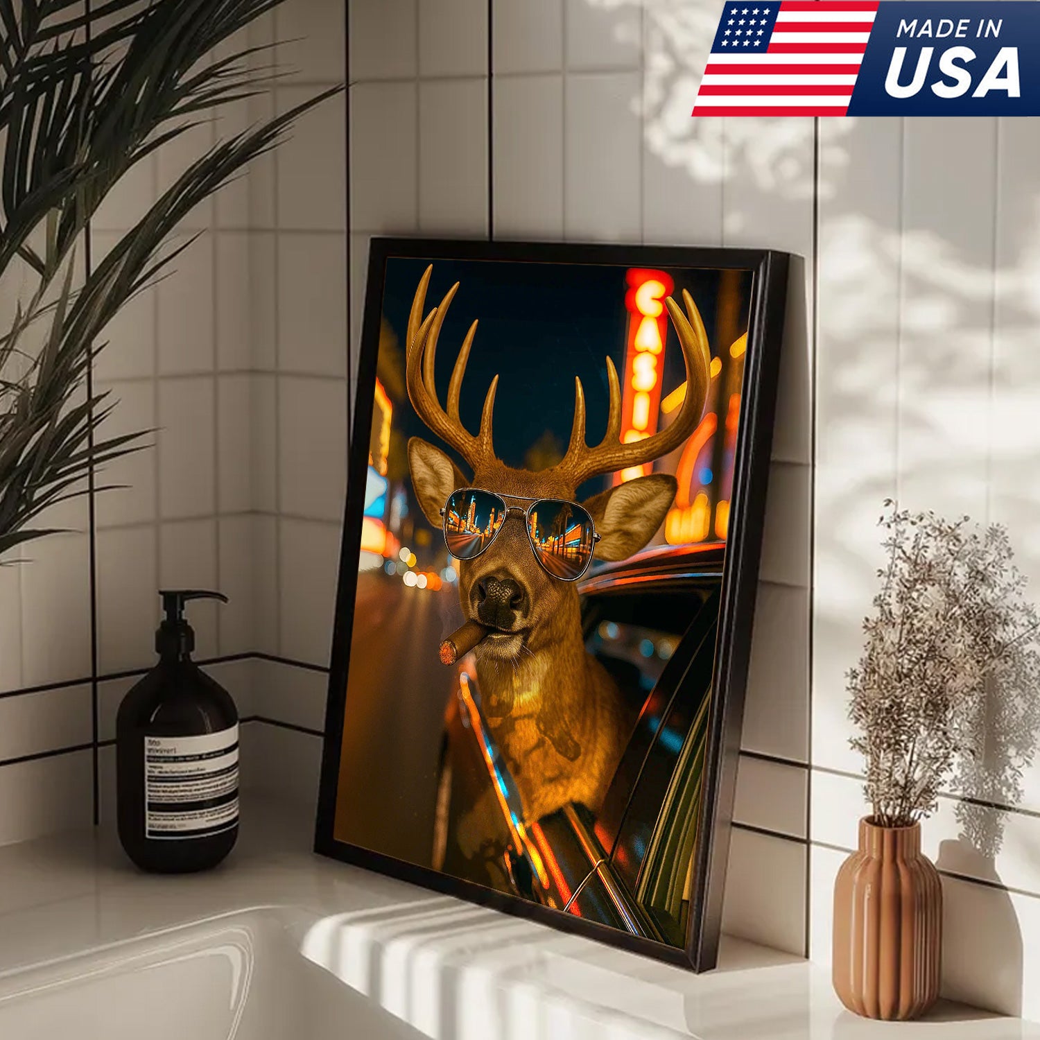 Cool Deer Canvas Wall Art - Funny Rustic Lodge Decor with Sunglasses and Night City Vibes - Unique Wildlife Cabin Print