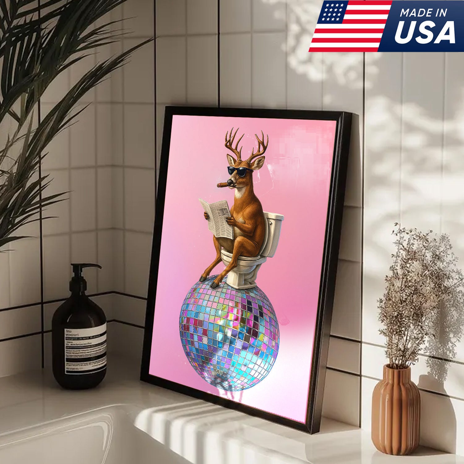 Deer Canvas Wall Art – Funny Buck Reading Newspaper on Toilet with Disco Ball Unique Bathroom Decor