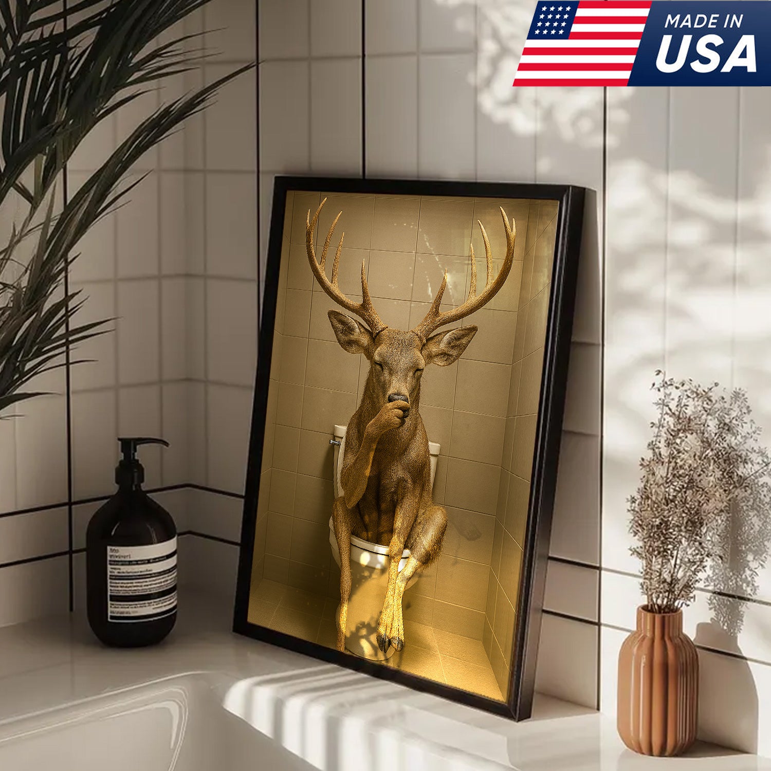 Funny Deer Bathroom Canvas Wall Art – Rustic Toilet Canvas for Cabin, Lodge & Man Cave Decor