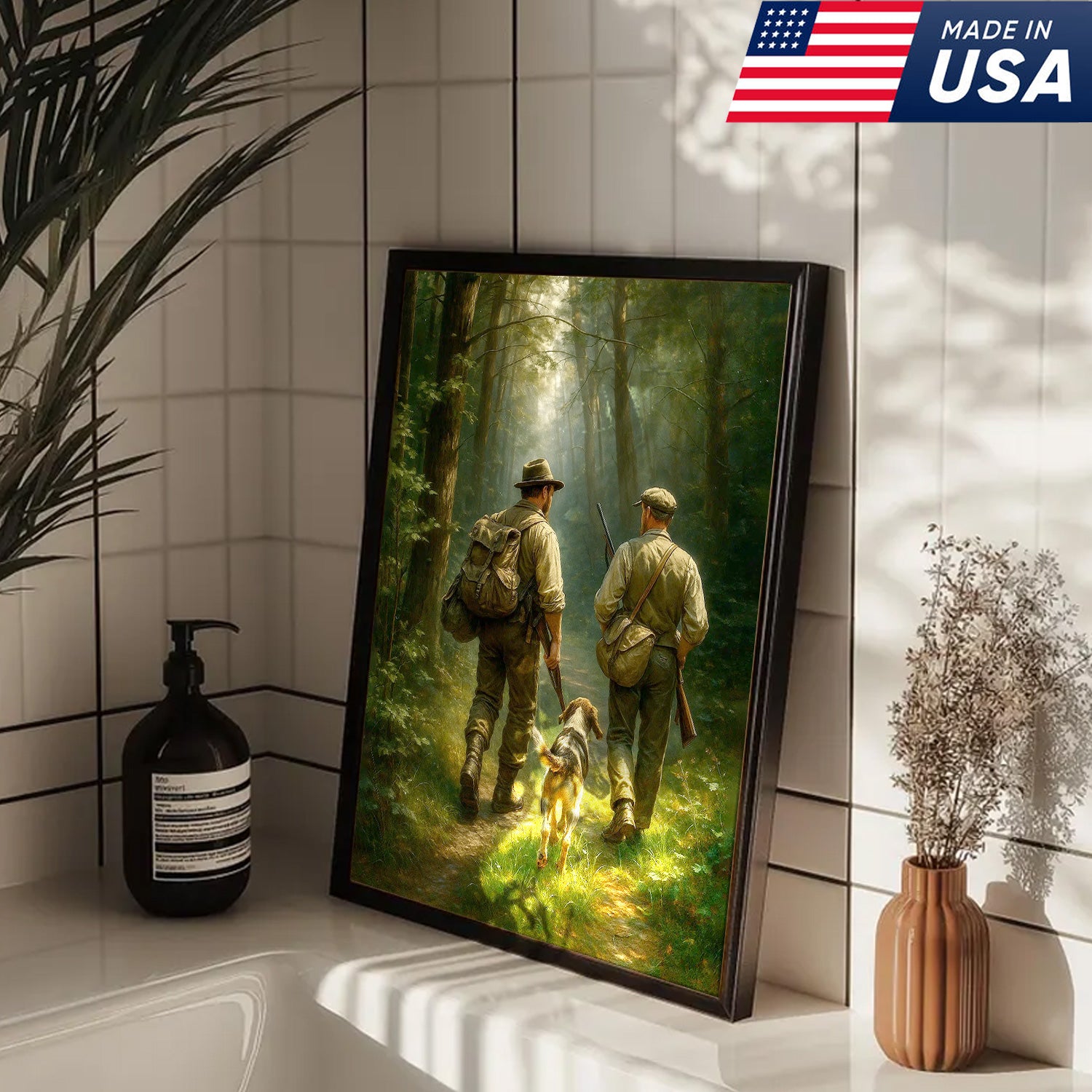 Hunting Canvas Wall Art – Hunters Walking with Dog in Forest – Rustic Cabin Decor for Lodge and Outdoor Enthusiasts