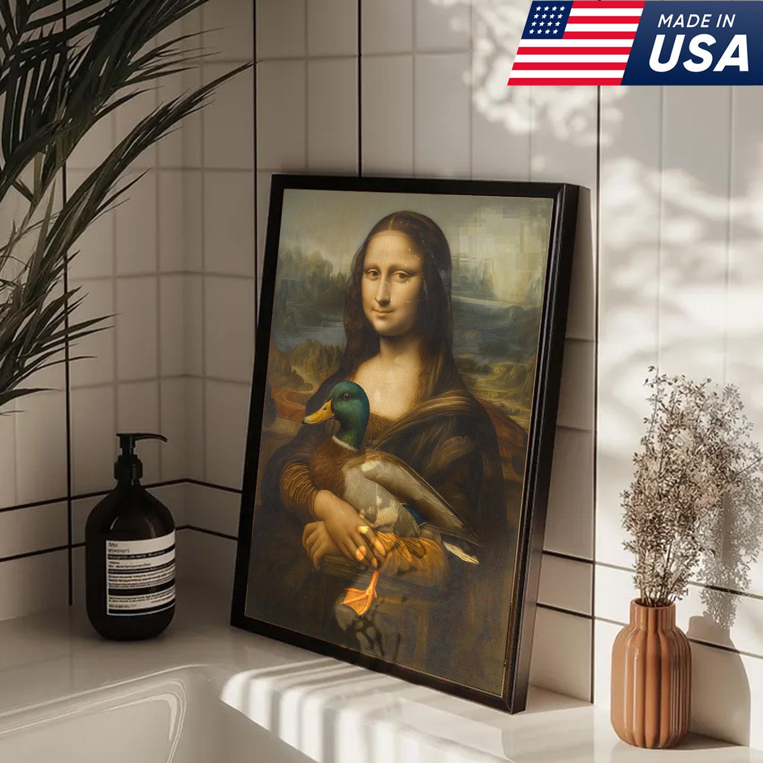 Funny Mona Lisa Duck Canvas Wall Art, Quirky Parody Painting Print for Bathroom or Office