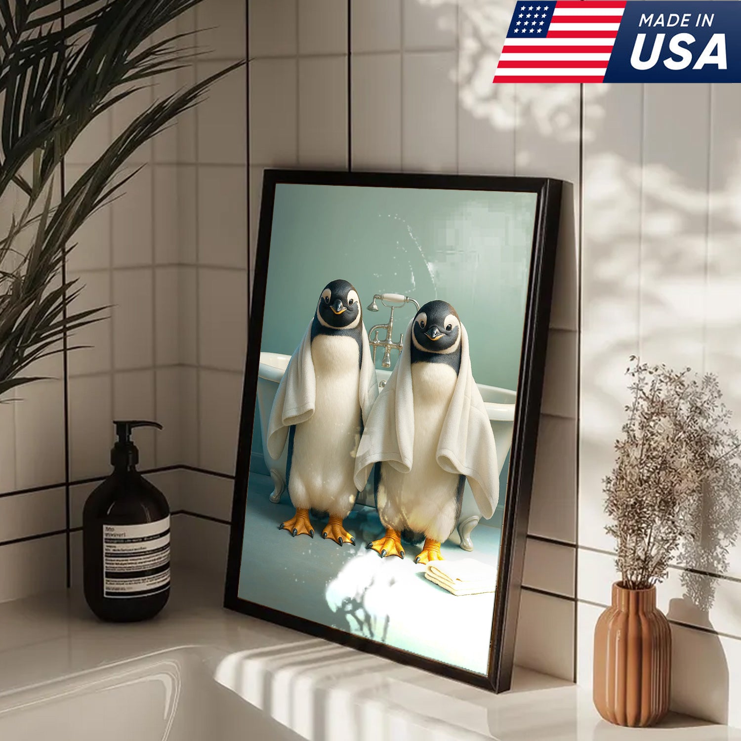 Cute Penguin Twins Bathroom Wall Art Canvas, Adorable Towel Penguins Kids Bath Decor