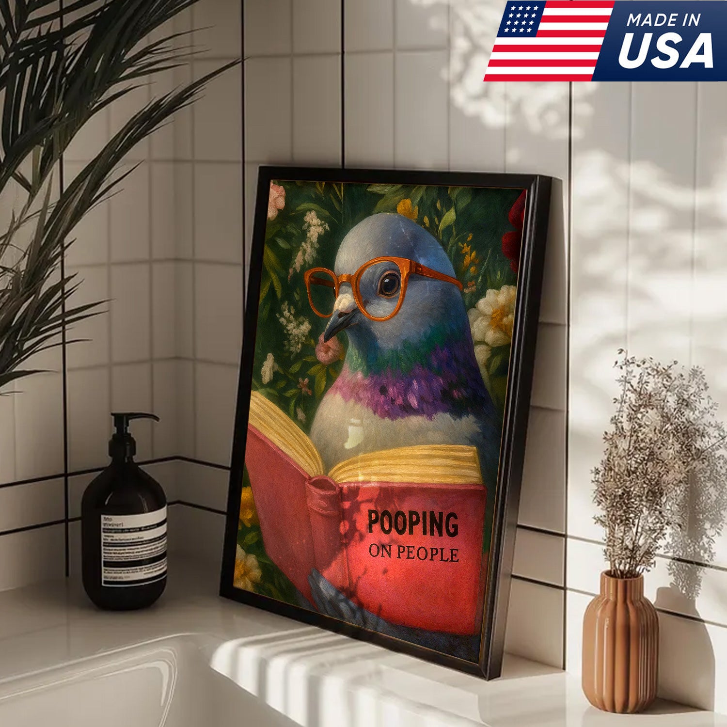 Funny Pigeon Canvas Wall Art - Reading Bird with Glasses Design - Quirky Animal Artwork for Home Decor