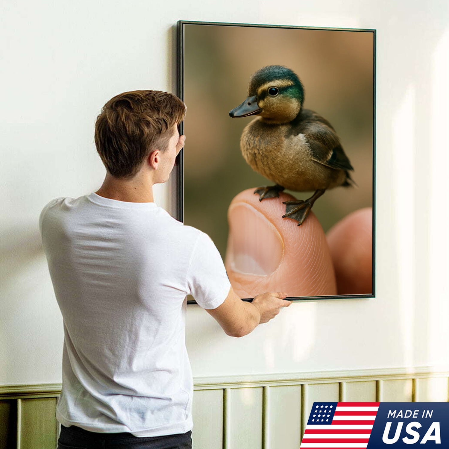 Cute Baby Duck Canvas Wall Art - Adorable Duckling Perched on Finger - Nature Wildlife Artwork for Home Decor