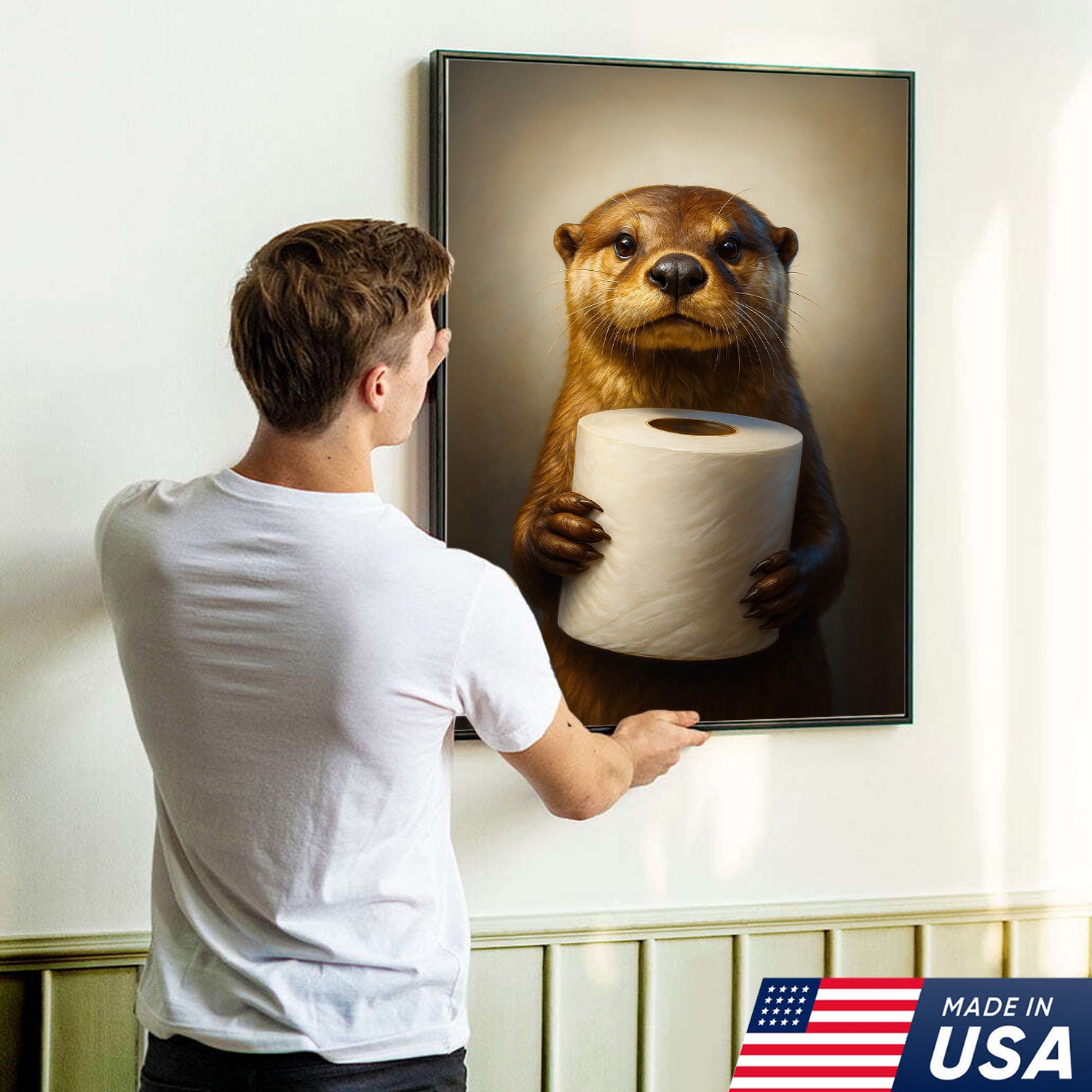 Funny Otter Canvas Wall Art - Cute Bathroom Decor with Toilet Paper - Rustic Wildlife Print