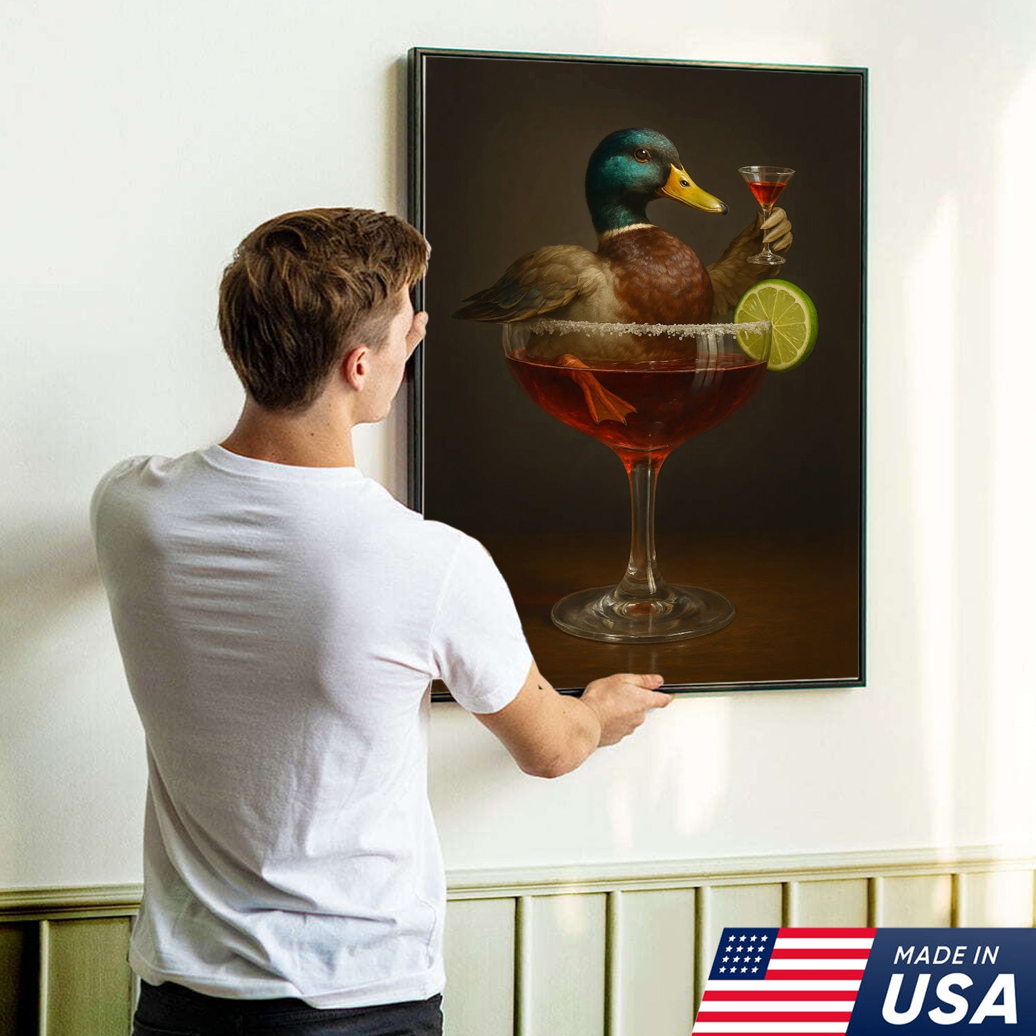 Funny Mallard Duck Canvas Wall Art - Quirky Animal in Cocktail Glass Design - Unique Wildlife Artwork for Home Decor