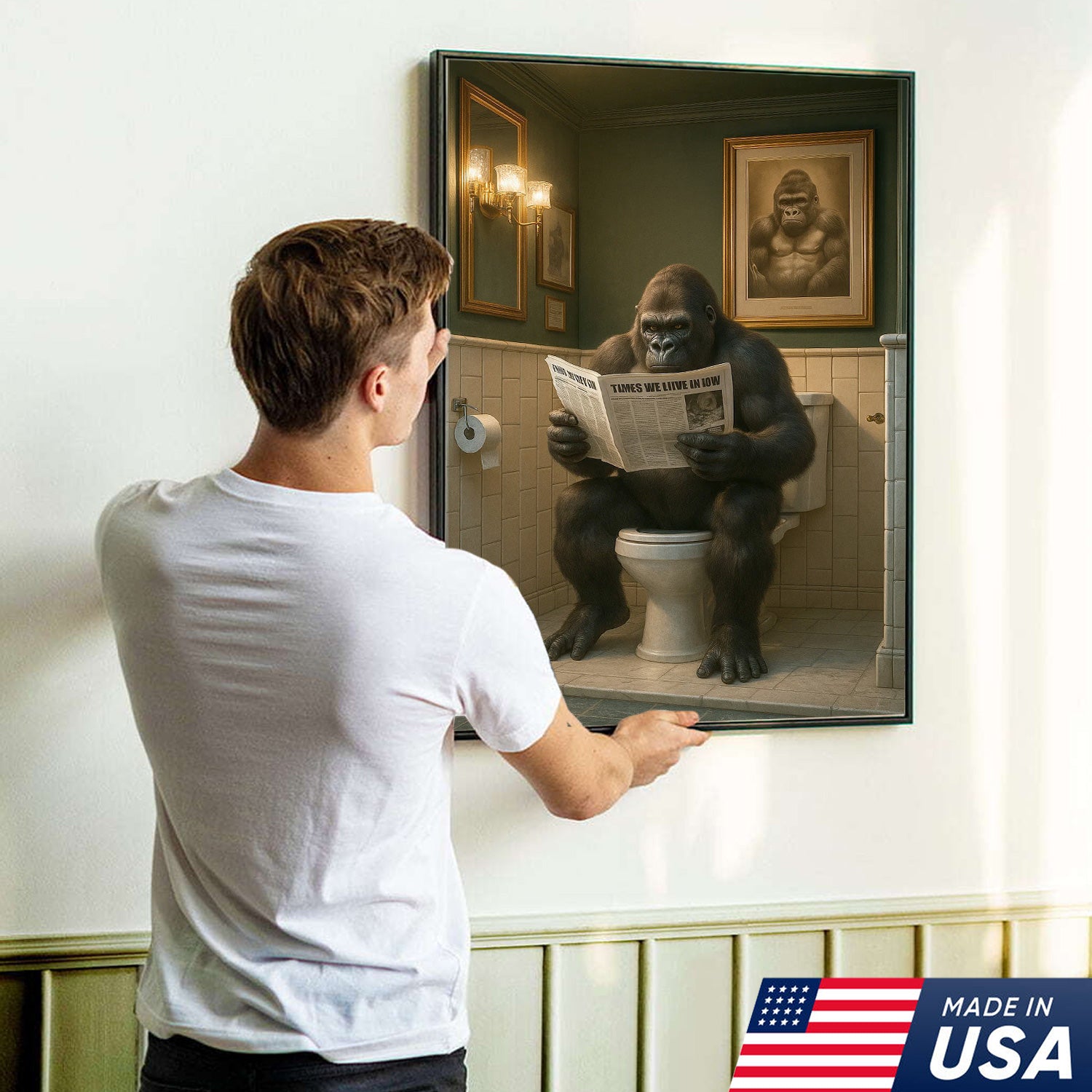Funny Gorilla Bathroom Wall Art Canvas, Toilet Humor Decor for Men’s Restroom