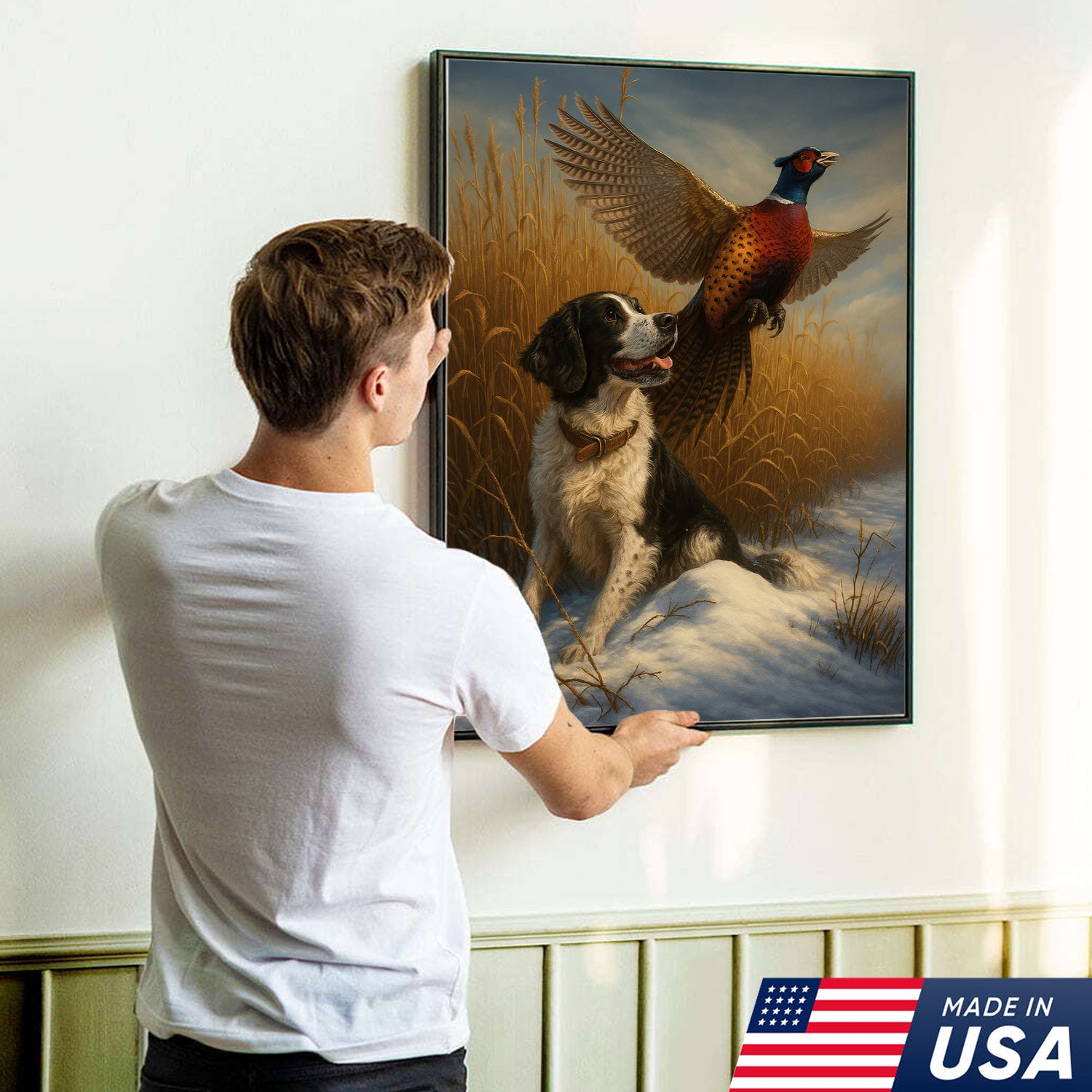 Hunting Dog & Pheasant in Winter Field Canvas – Classic Wildlife Wall Art for Lodge & Nature Decor