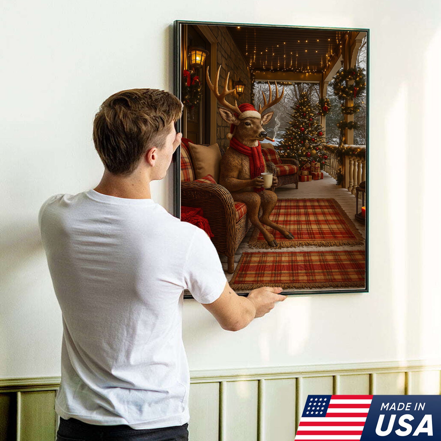 Christmas Deer Porch Canvas Wall Art, Cozy Cabin Reindeer With Scarf Holiday Print, Rustic Plaid Farmhouse Christmas Decor