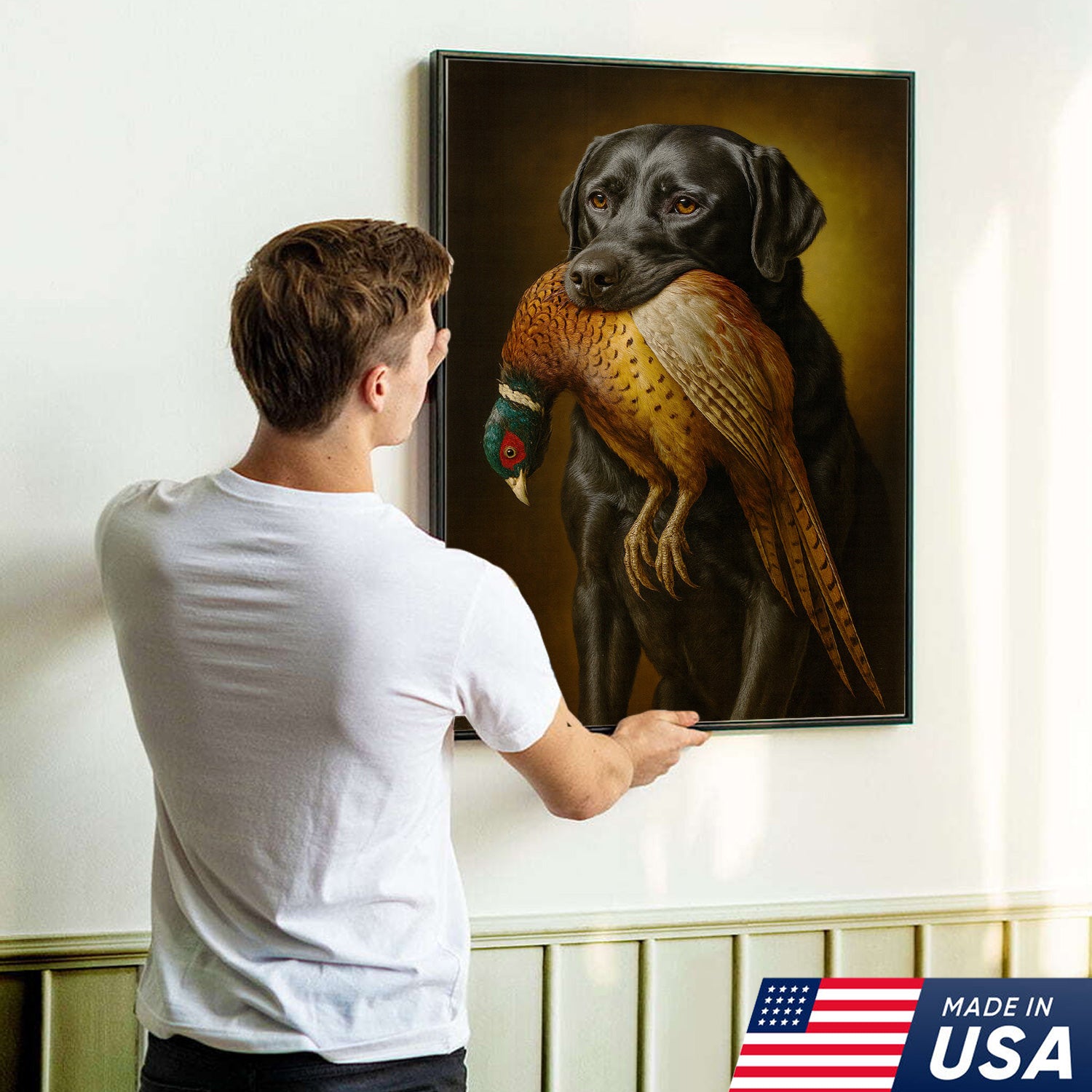 Hunting Dog Wall Art Canvas – Retriever & Pheasant Canvas Print for Hunters, Rustic Cabin Decor